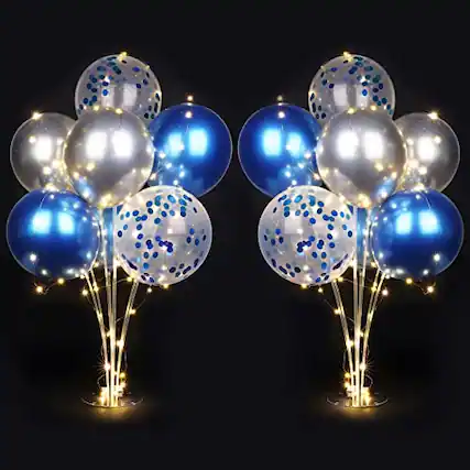 Front. Vulpecula Spade - 2 Set Table Balloon Stand Kit with Lights, Balloon Centerpieces for Tables Include 16 Latex Confetti Balloons, Christmas - Blue+ Silver.
