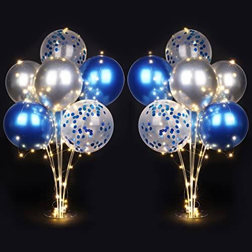 Front. Vulpecula Spade - 2 Set Table Balloon Stand Kit with Lights, Balloon Centerpieces for Tables Include 16 Latex Confetti Balloons, Christmas - Blue+ Silver.