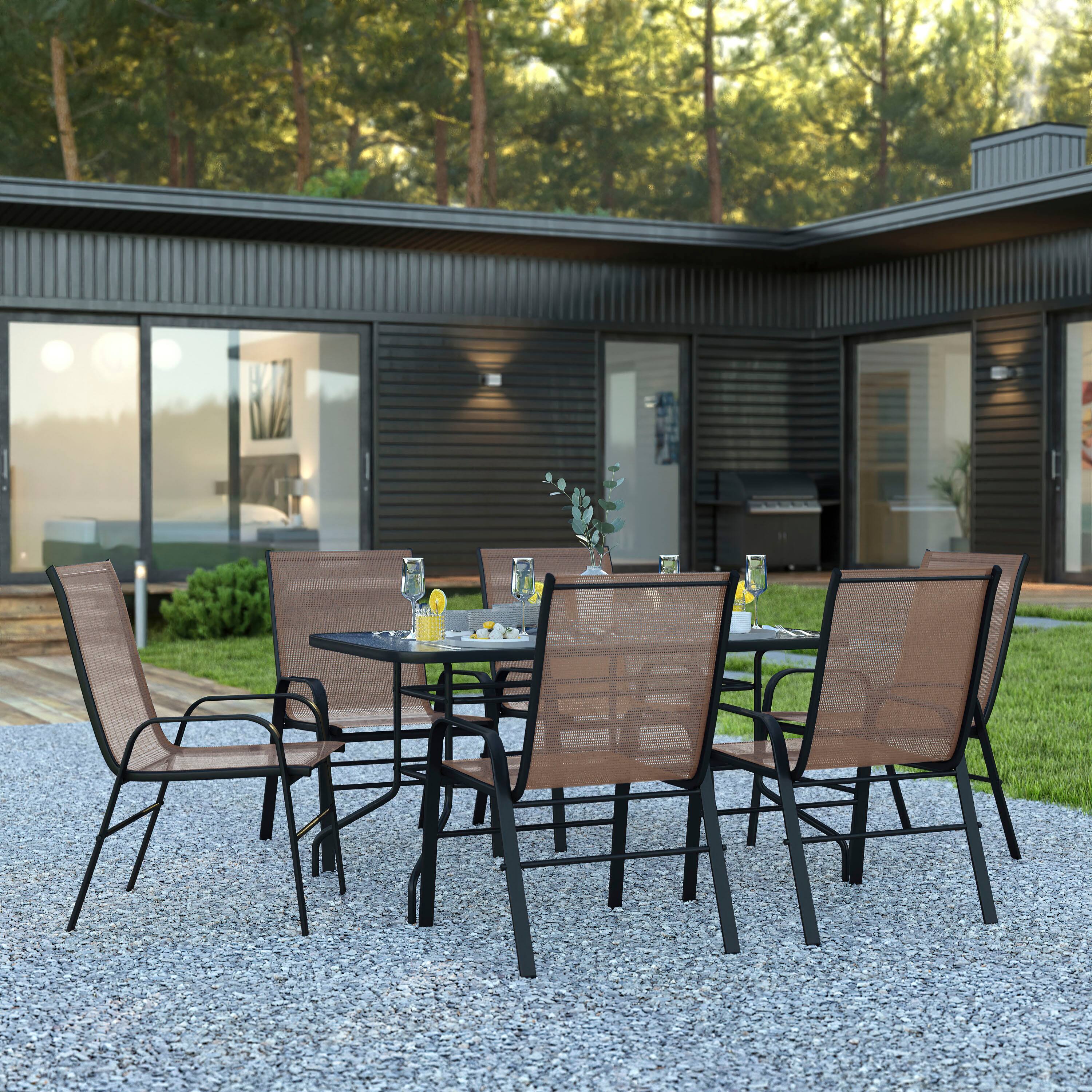 Alt View 1. Emma + Oliver - Seven Piece Patio Table Set with Metal Table with Tempered Glass Top and 6 Flex Comfort Stacking Chairs - Brown.