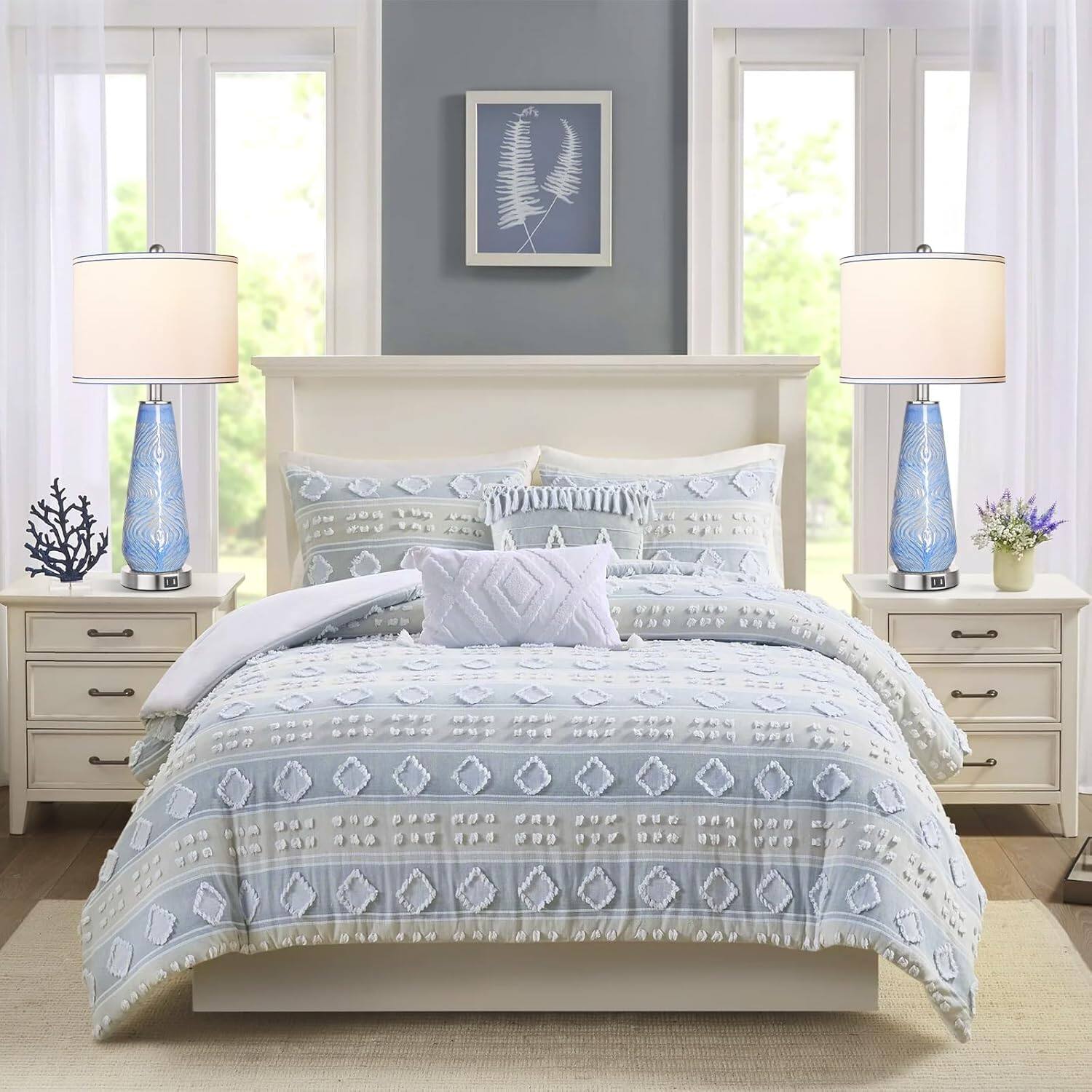 Alt View 1. Akoasm - Touch Control Table Lamp Set of 2 Blue Art Ceramic Bedside Lamp with USB Ports for Living Room Bedroom Office.