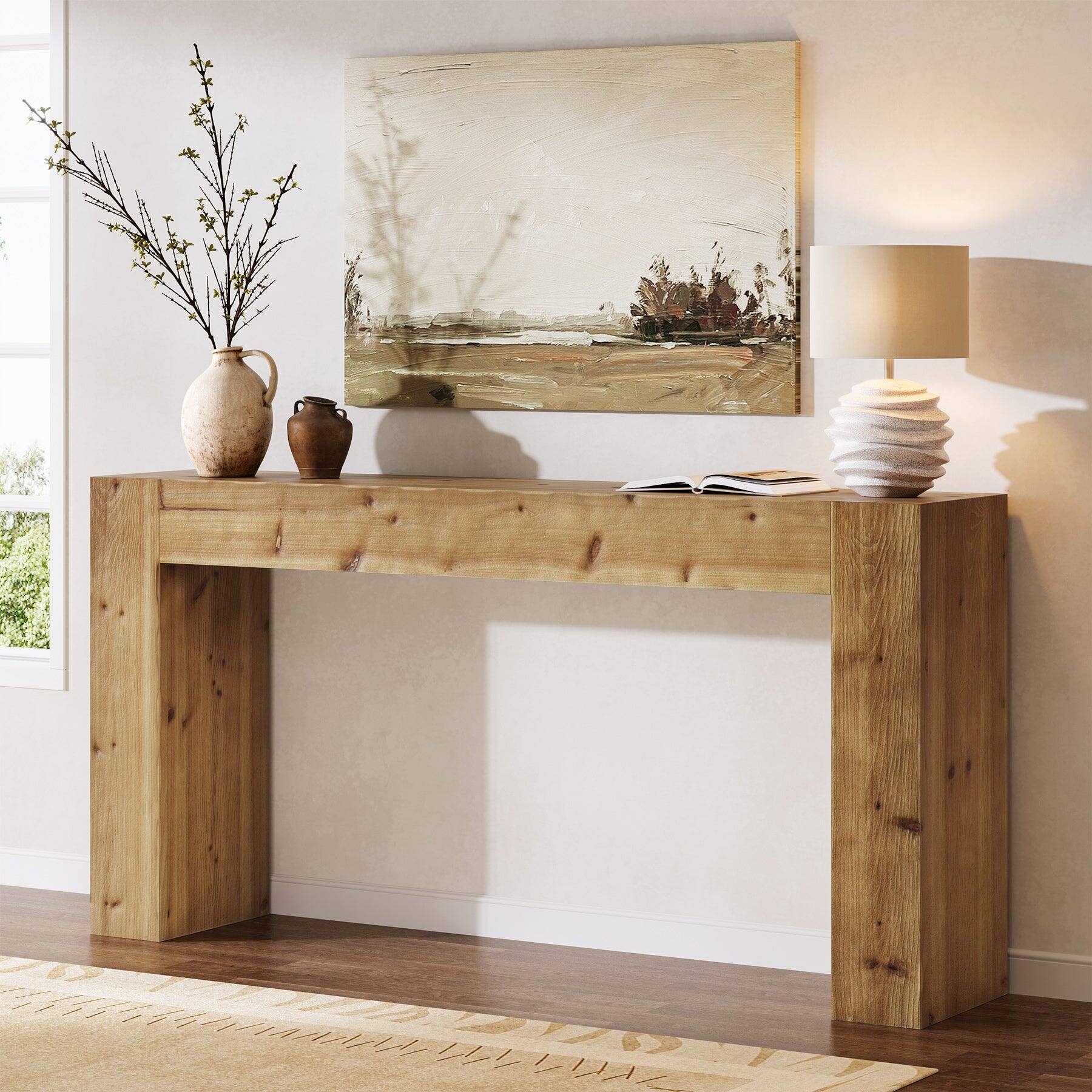 Front. Tribesigns - Farmhouse Solid Wood Console Table with Rectangular Top for Entryway, Hallway and Living Room - Light Brown.