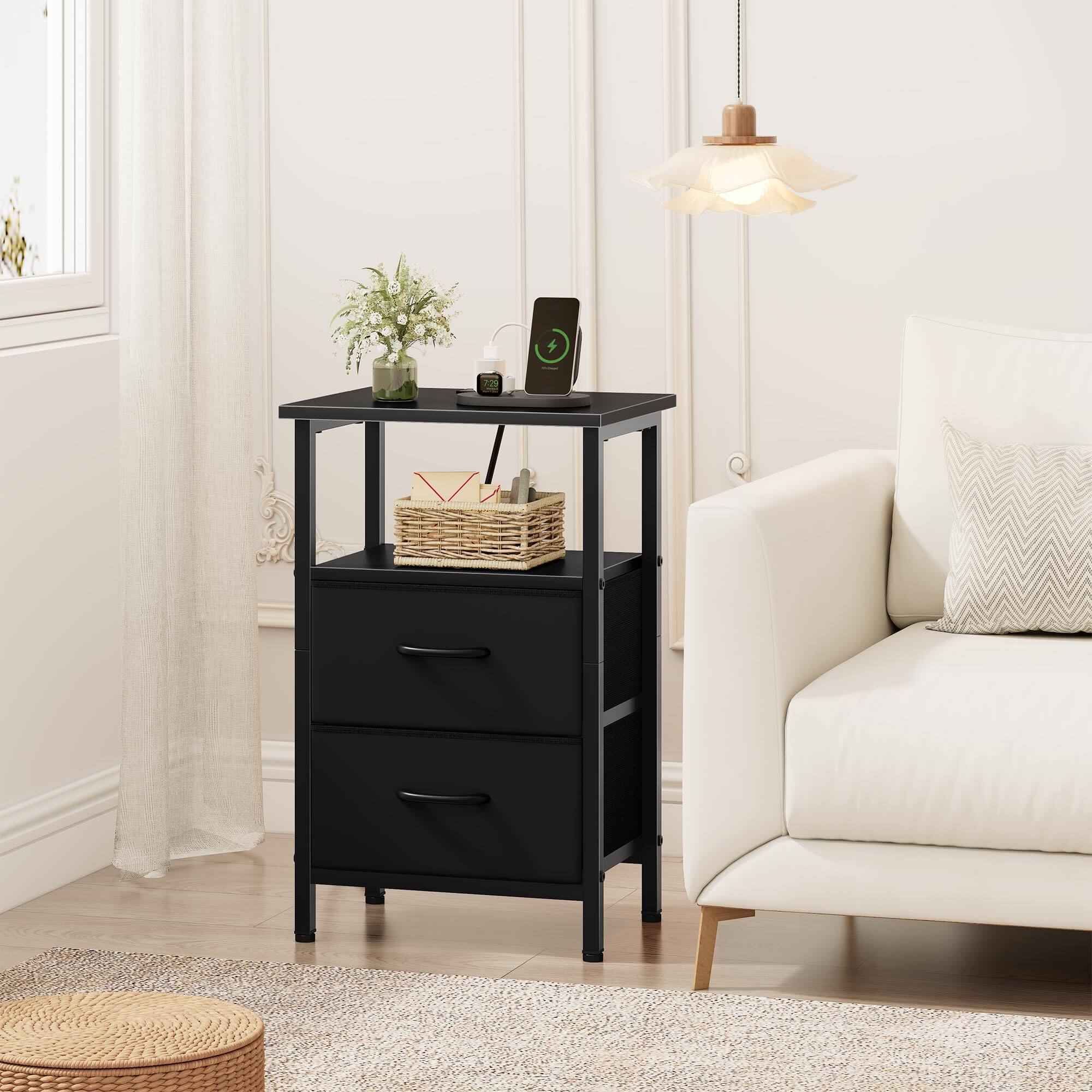 Left. VEGA AUTOMOTIVE - Nightstand Set Of 2 With Charging Station Bedside Table Outlet & Usb Ports Night Stand Fabric Drawers 24 2 ... - Greige.