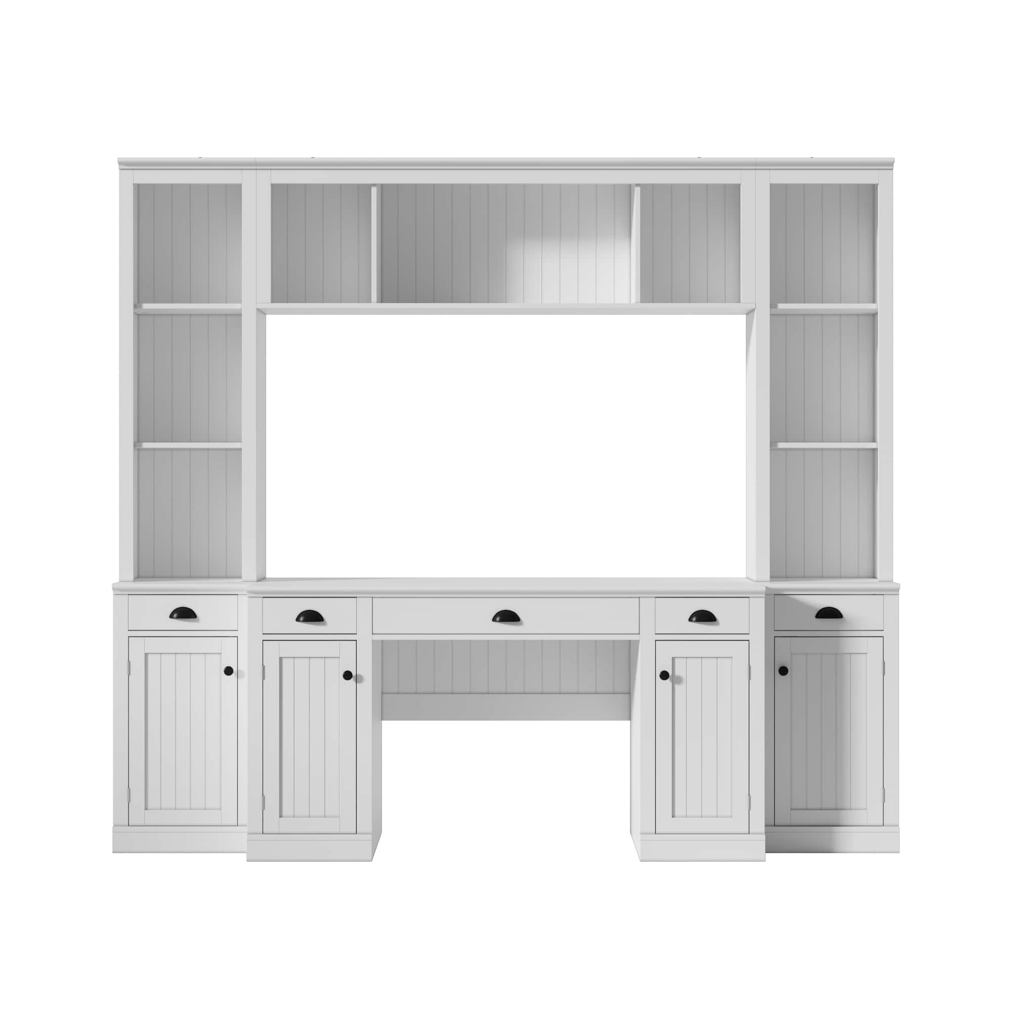 Famapy - All-in-One Wall Bookcase Desk Combo – 5 Drawers, 9 Open Shelves, 8 Closed Compartments for Home Office, Media Room - White
