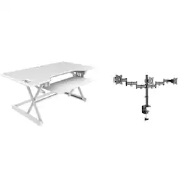 Rocelco - 46" Large Height Adjustable Standing Desk Converter with Triple Monitor Mount BUNDLE, Retractable Keyboard Tray - White