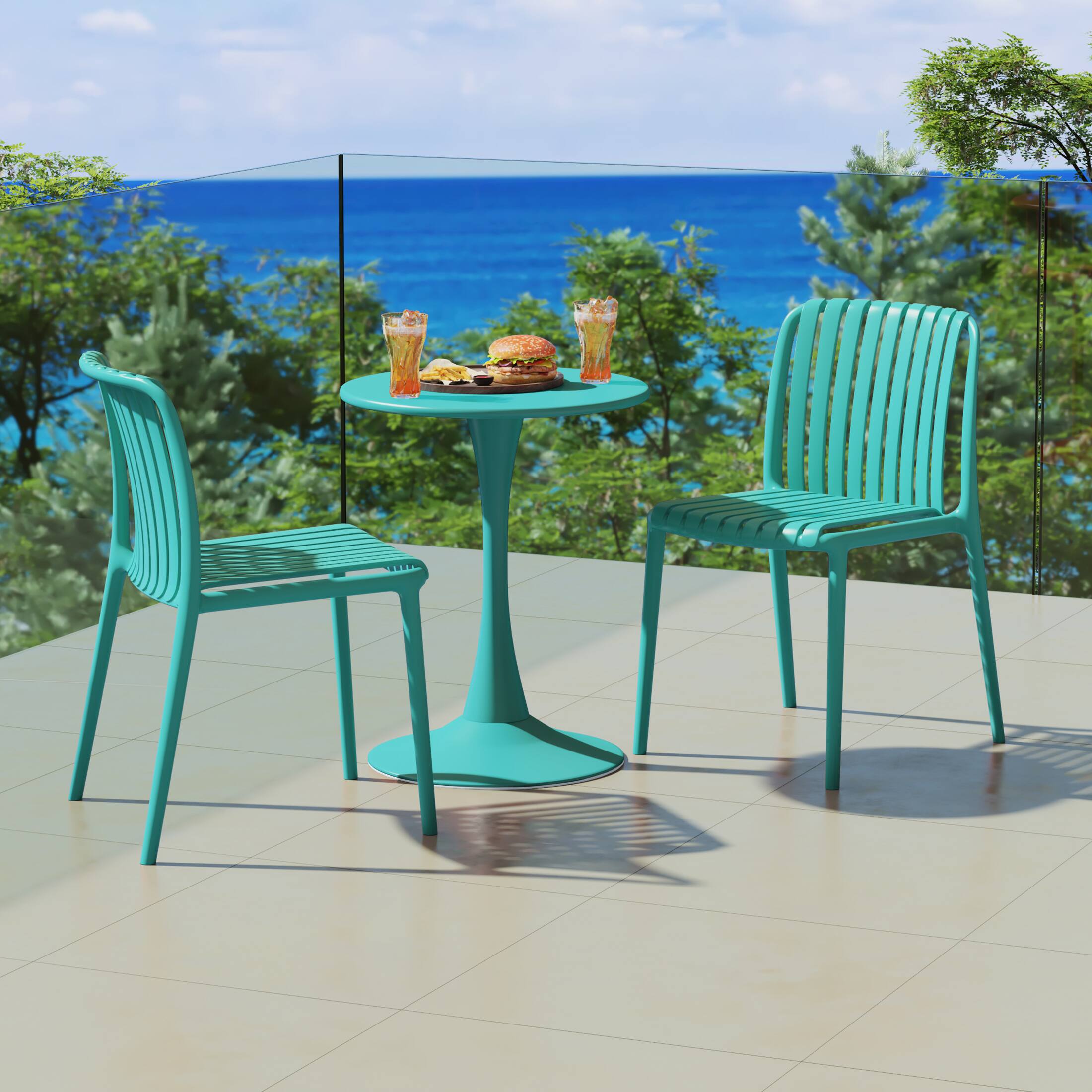 Angle. WestinTrends - WestinTrends Playa 3-Piece Outdoor Metal Dining Table Set And Stackable Resin Patio Chairs - Turquoise.