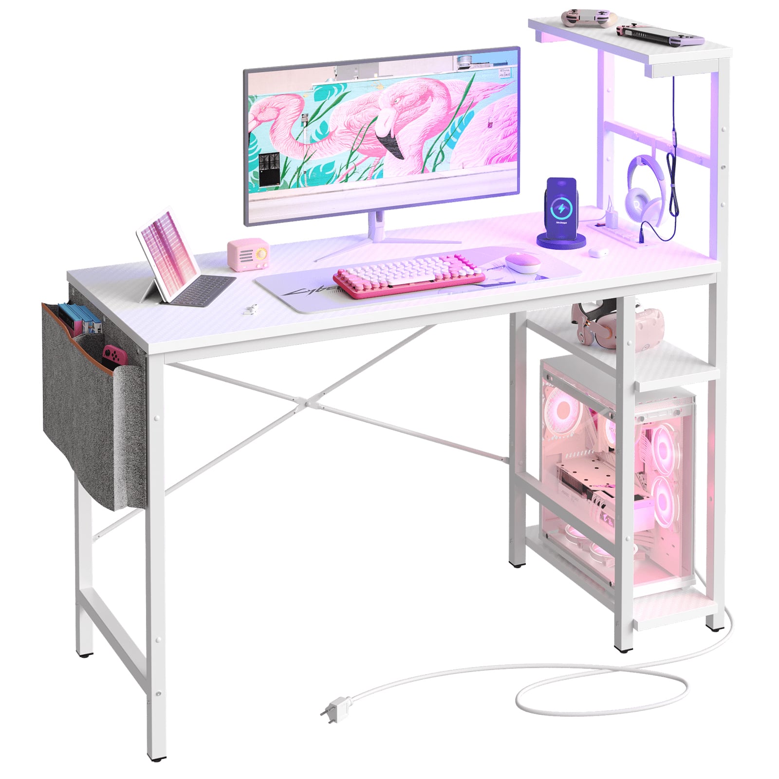Front. Bestier - 44-inch Gaming Desk with 4-Tier Storage Shelves, RGB Lights & USB Charging - White Carbon Fiber.