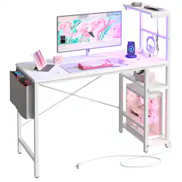 Bestier - 44-inch Gaming Desk with 4-Tier Storage Shelves, RGB Lights & USB Charging - White Carbon Fiber