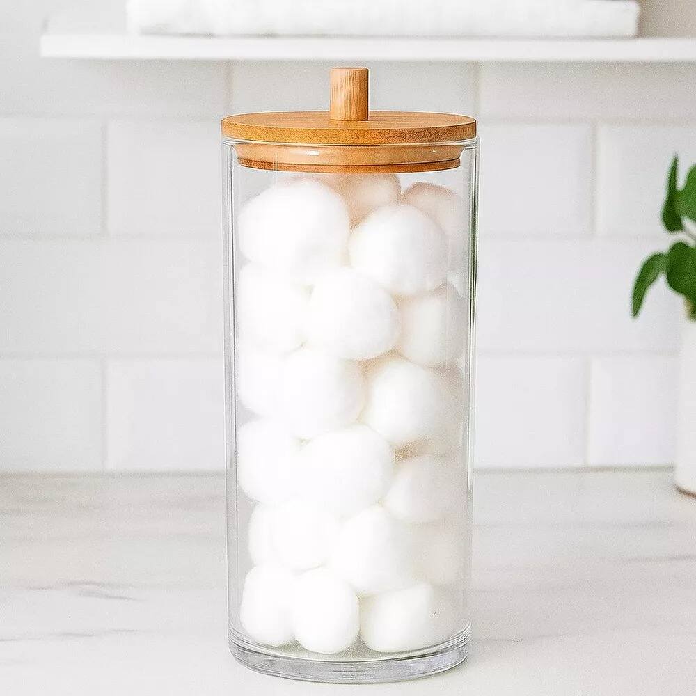 Left. Elle - Acrylic Cotton Ball Holder with Bamboo Lid, Clear Makeup & Cotton Storage Organizer for Vanity & Bathroom Countertop - Clear/Natural Bamboo.