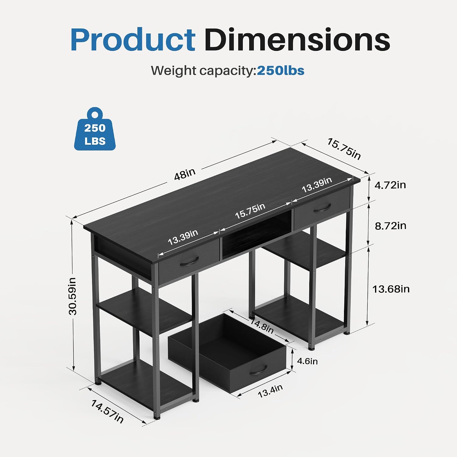 Product Dimensions  
Weight capacity: 250lbs  
48in  
13.39in  
15.75in  
15.75in  
13.39in  
4.72in  
8.72in  
30.59in  
14.8in  
13.68in  
4.6in  
14.57in  
13.4in