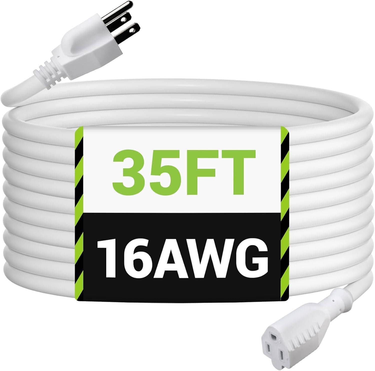 BN-LINK - 35ft Outdoor Extension Cord, 3-Prong 16-Gauge Grounded Power Cord, for Landscaping & Holiday Decor - White