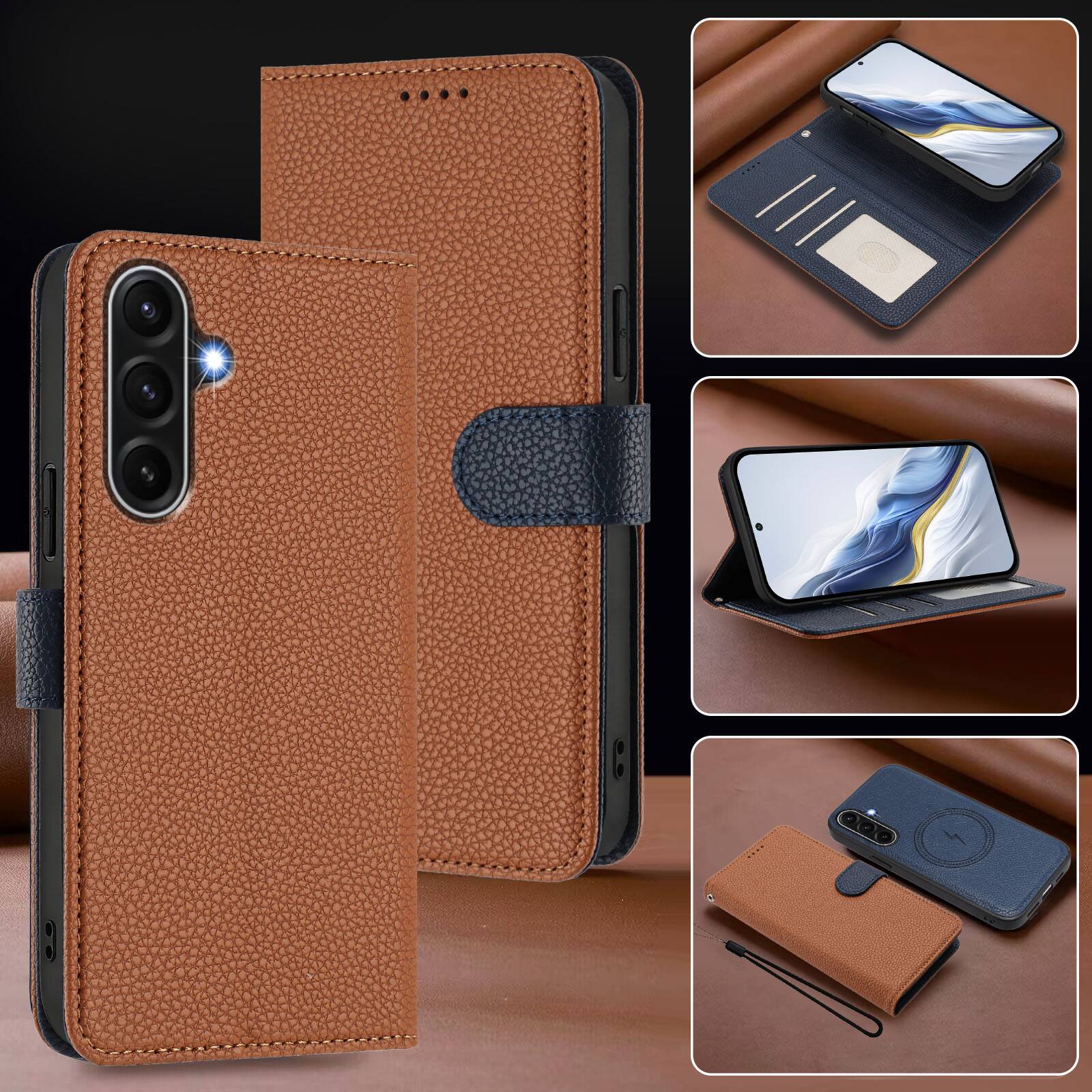 Alt View 5. Dteck - Magnetic Detachable 2-in-1 Wallet Case for Samsung Galaxy A17 5G,PU Leather Flip Cover with Card Slots & Wrist Strap - Brown.