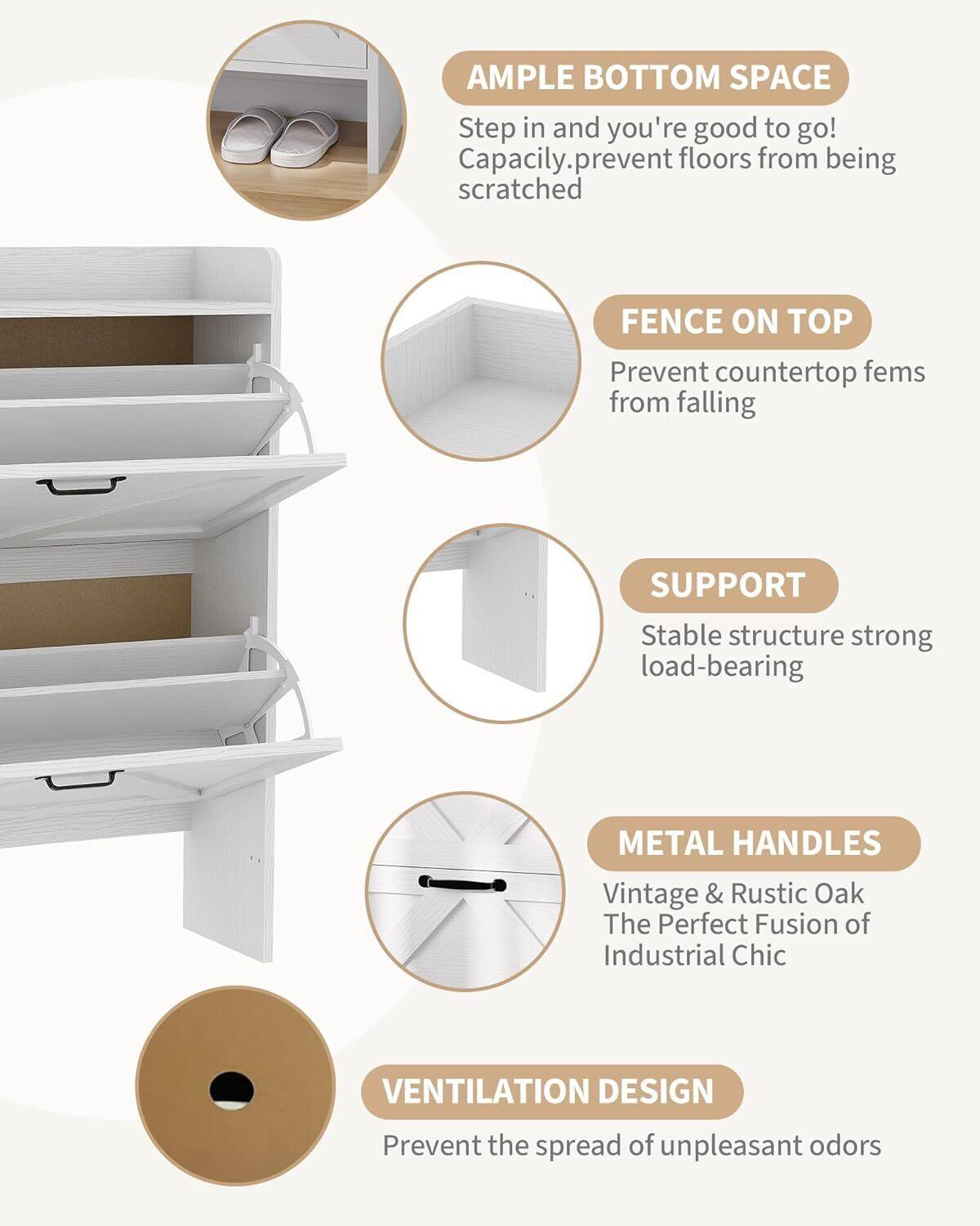 - AMPLE BOTTOM SPACE  
  Step in and you're good to go!  
  Capacity, prevent floors from being scratched

- FENCE ON TOP  
  Prevent countertop items from falling

- SUPPORT  
  Stable structure strong load-bearing

- METAL HANDLES  
  Vintage & Rustic Oak  
  The Perfect Fusion of Industrial Chic

- VENTILATION DESIGN  
  Prevent the spread of unpleasant odors