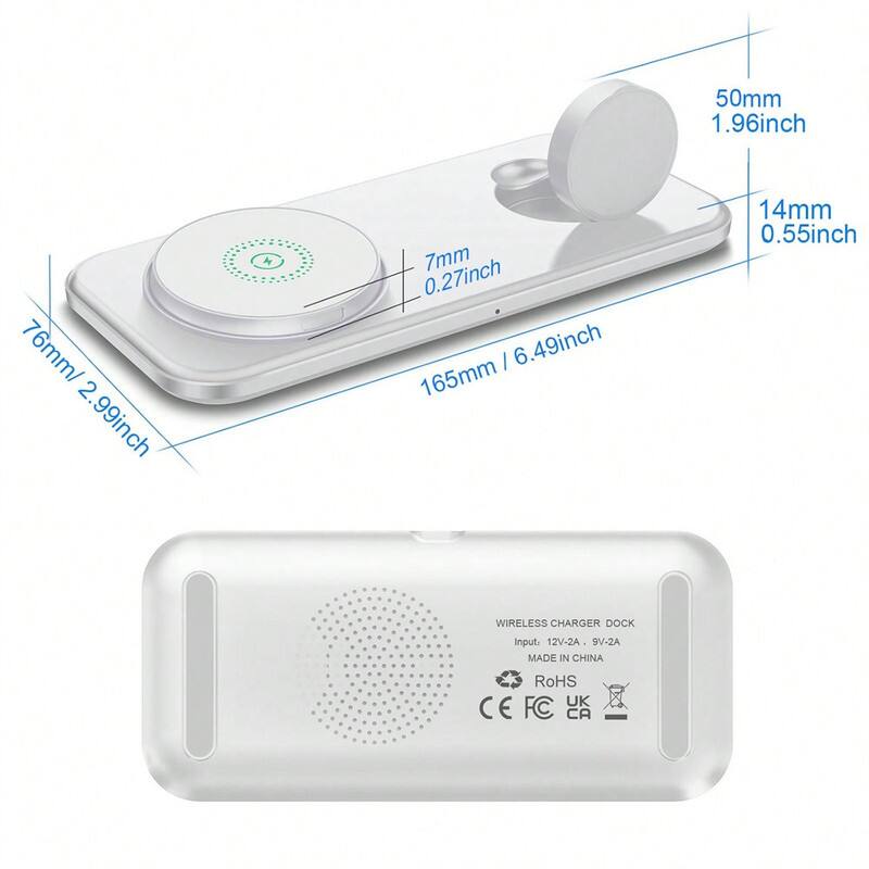 50mm 1.96inch  
76mm/ 2.99inch  
7mm 0.27inch  
165mm 6.49inch  
14mm 0.55inch  

WIRELESS CHARGER DOCK  
Input: 12V-2A, 9V-2A  

MADE IN CHINA  
RoHS  
UK CE FC CA