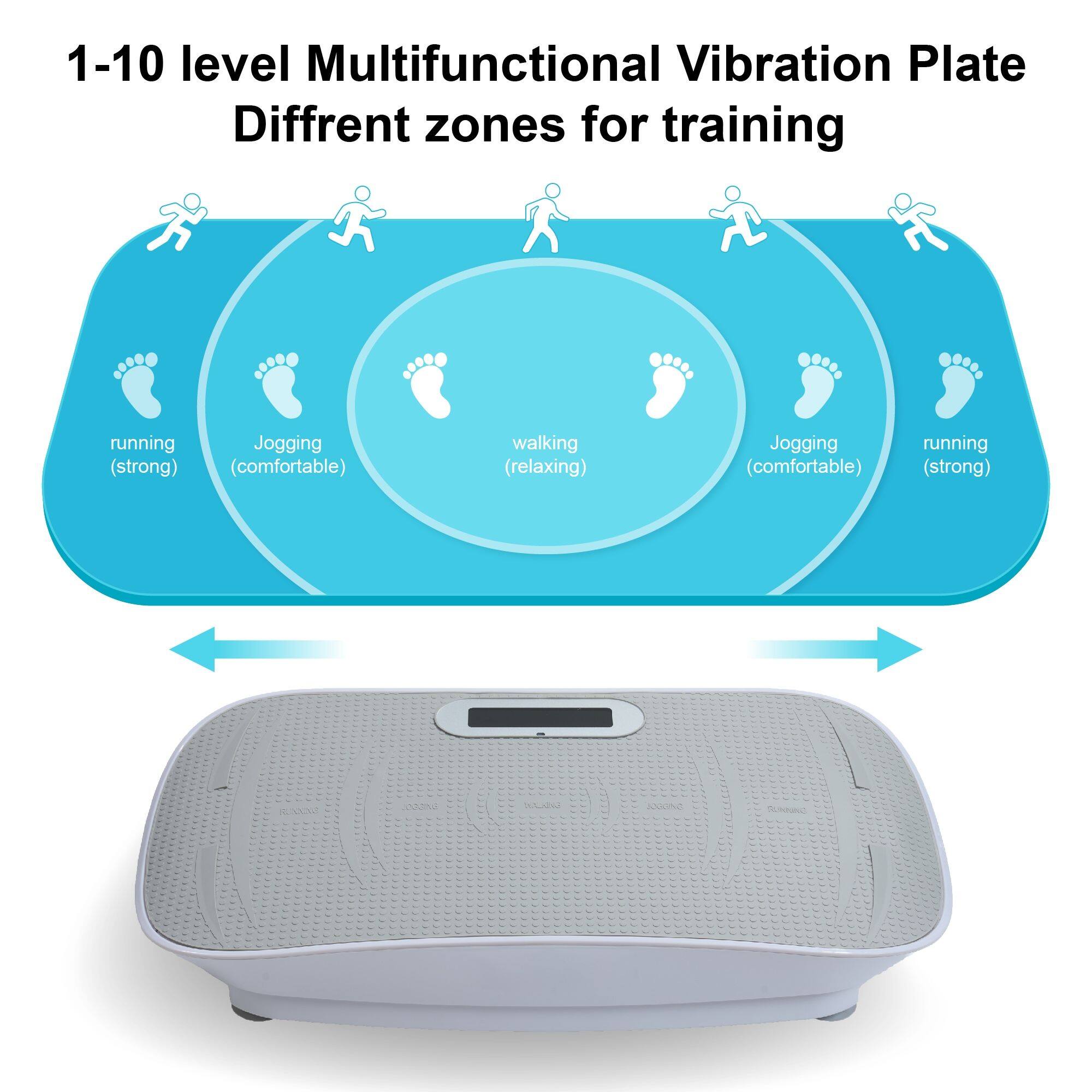 1-10 level Multifunctional Vibration Plate  
Different zones for training  
- running (strong)  
- Jogging (comfortable)  
- walking (relaxing)  
- Jogging (comfortable)  
- running (strong)  

0 0020 LAN J000N2 SUNNNG