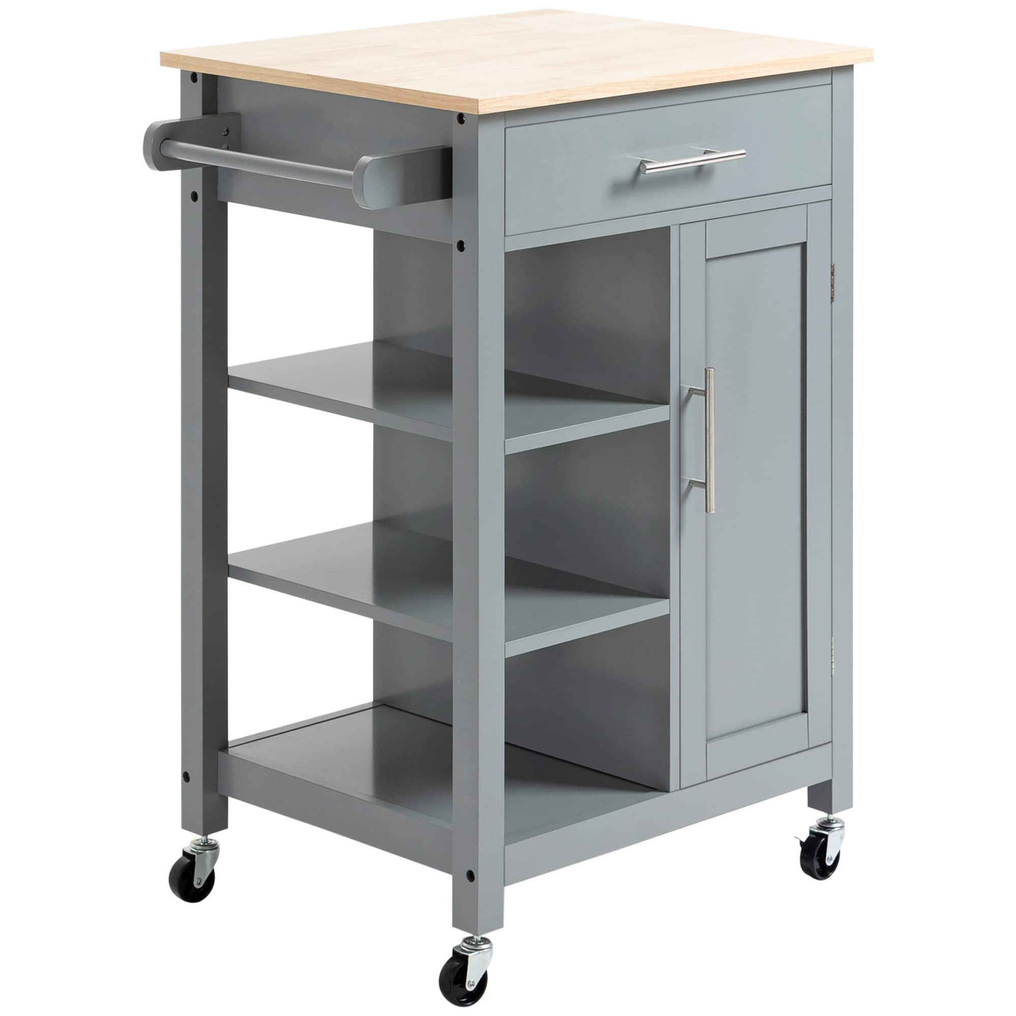 Homcom - Island Cart, Rolling Kitchen Island with Storage Shelf, Solid Wood Top, Drawer - Gray