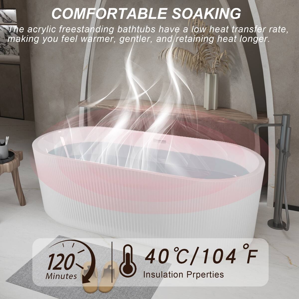 COMFORTABLE SOAKING  
The acrylic freestanding bathtubs have a low heat transfer rate, making you feel warmer, gentler, and retaining heat longer.  

120 Minutes  
40°C/104°F  
Insulation Properties