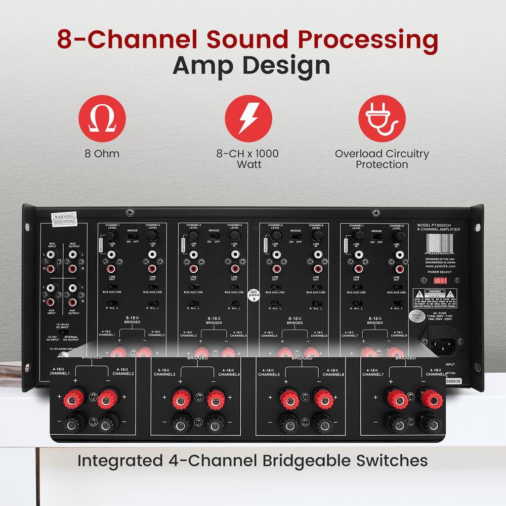 8-Channel Sound Processing Amp Design

- 8 Ohm
- 8-CH x 1000 Watt
- Overload Circuitry Protection

Integrated 4-Channel Bridgeable Switches