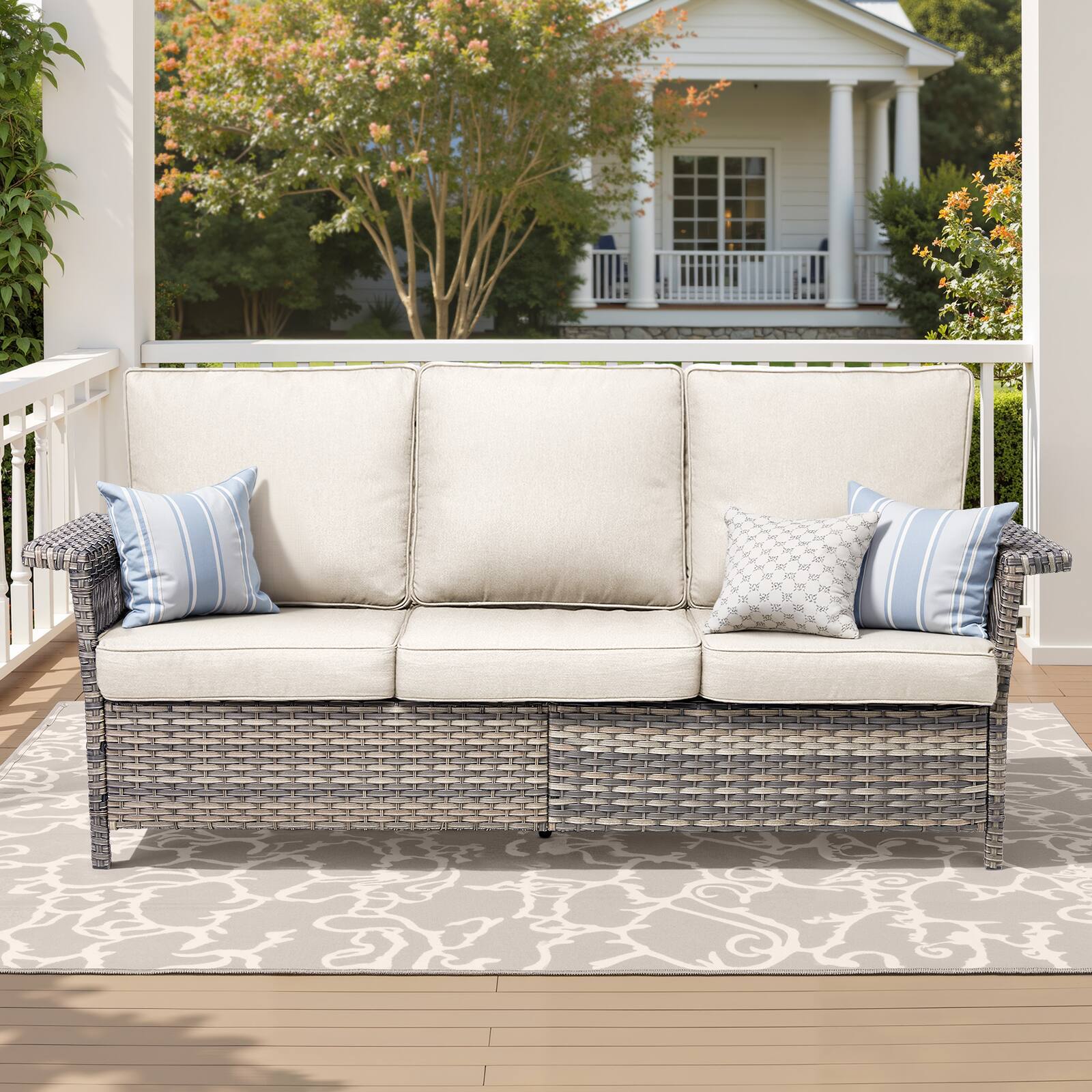 Angle. Mondawe - 76.7" Wide Outdoor Wicker Patio Sofa with Beige Cushions - Beige+Gray.