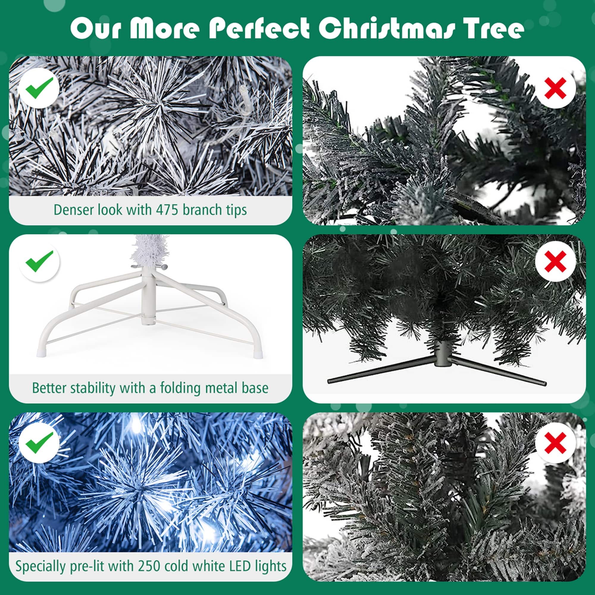 Our More Perfect Christmas Tree:
* Denser look with 475 branch tips
* Better stability with a folding metal base
* Specially pre-lit with 250 cold white LED lights