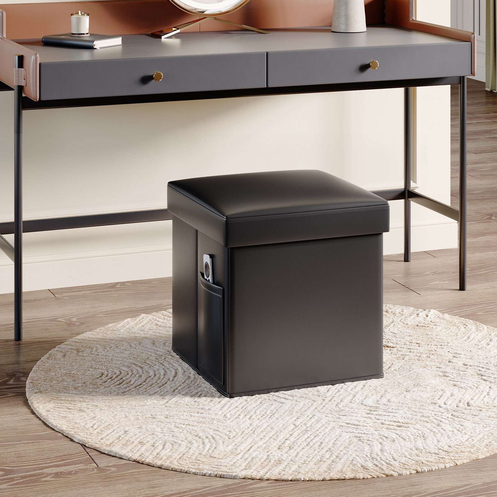 Pinmoco - Leather Storage Ottoman Foldable Entryway Bench with Cozy Blanket and Side Pocket - Black