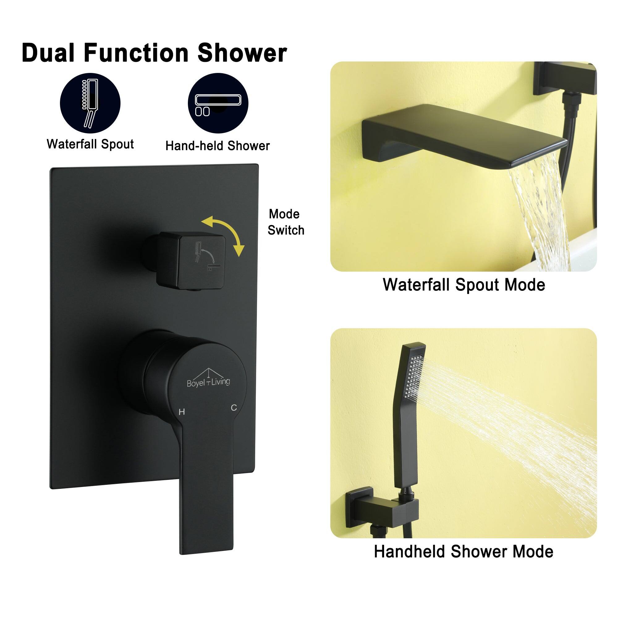 Dual Function Shower, Waterfall Spout, Hand-held Shower, Mode Switch, Waterfall Spout Mode, Boyel Living, H C, Handheld Shower Mode