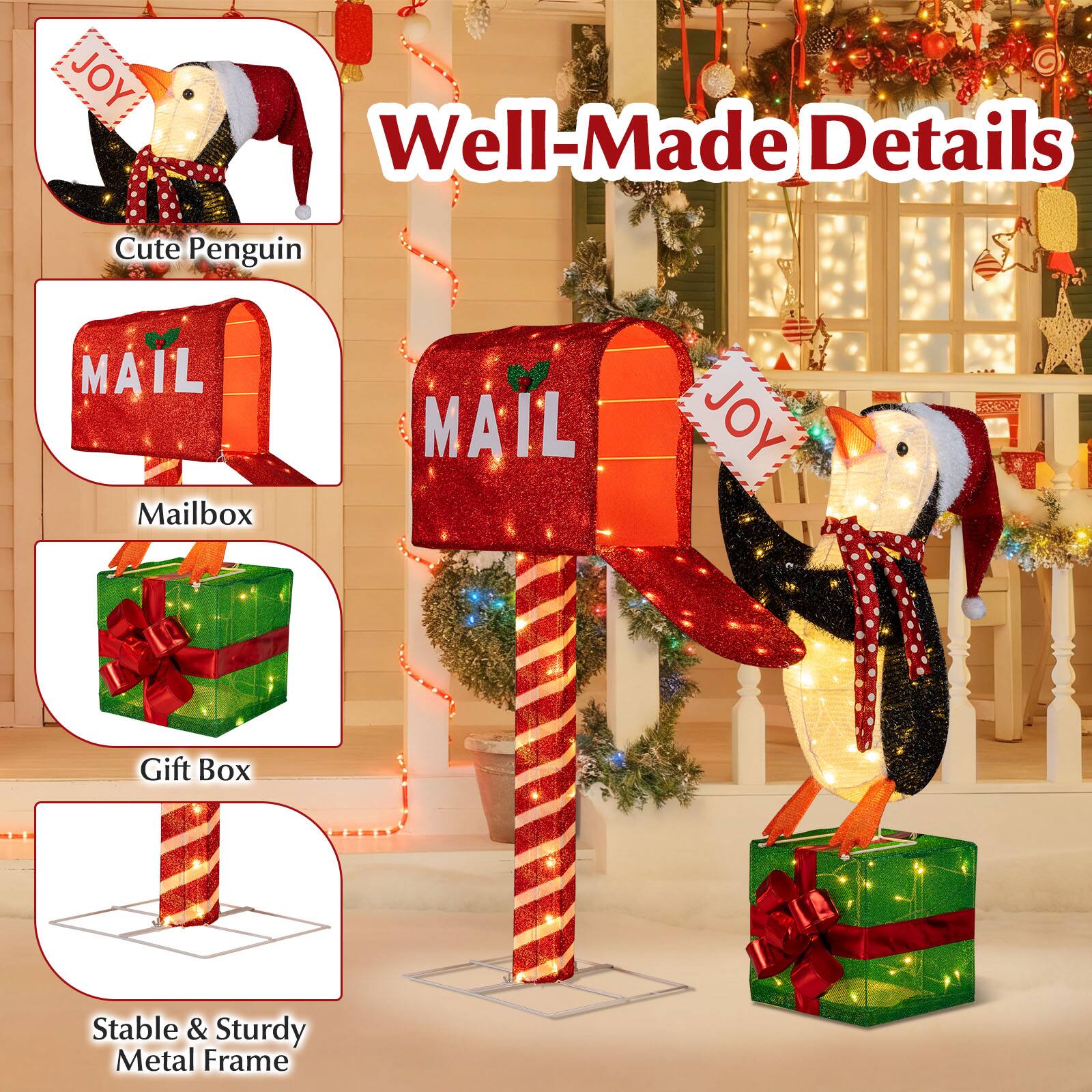 - Well-Made Details
  - Cute Penguin
  - Mailbox
  - Gift Box
  - Stable & Sturdy Metal Frame