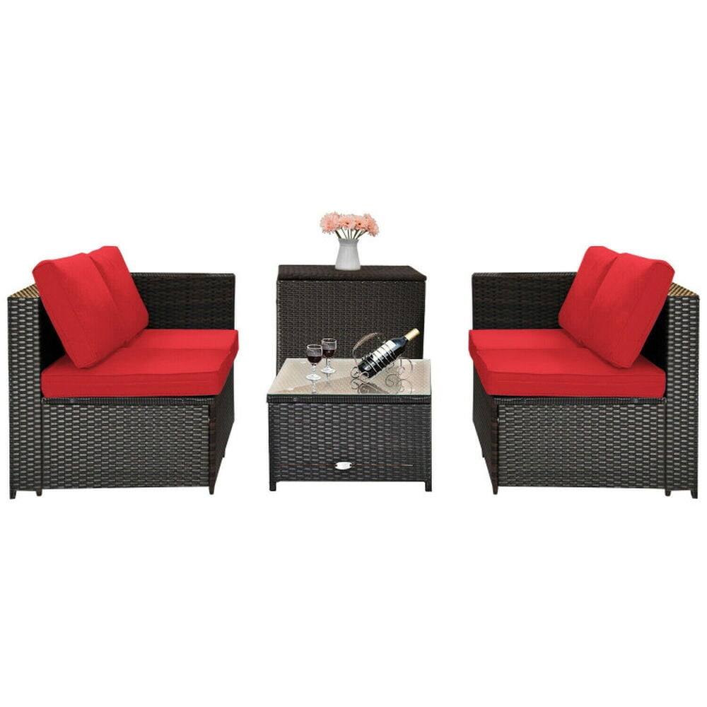 Left. Pefilos - 4 Pieces Outdoor PE Wicker Furniture Set, PE Rattan Furniture Set with Practical Storage Table, Water - Red.