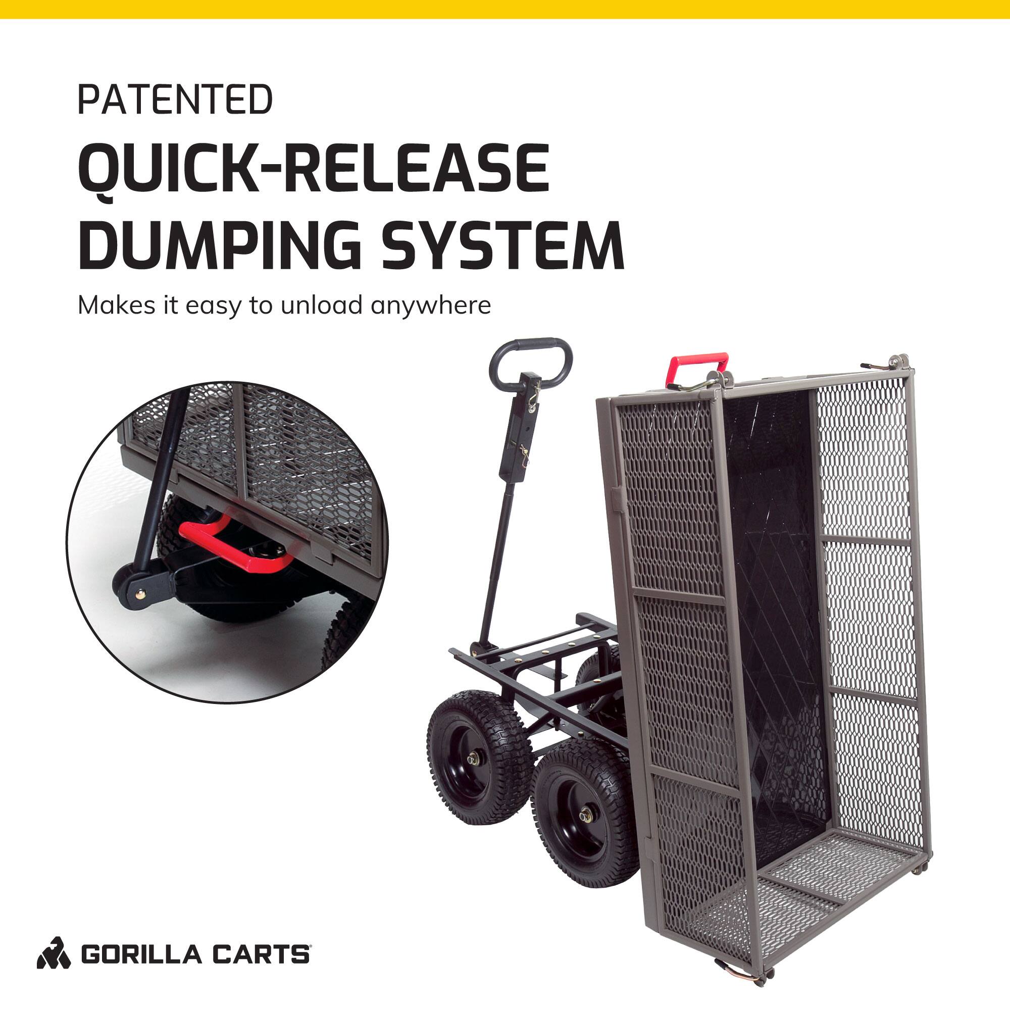 PATENTED QUICK-RELEASE DUMPING SYSTEM  
Makes it easy to unload anywhere  

GORILLA CARTS