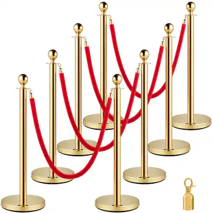 Front. VEVOR - Crowd Control Stanchion, Set of 8 Pieces Stanchion Set, Stanchion Set with 5 ft/1.5 m Red Velvet Rope - Gold.