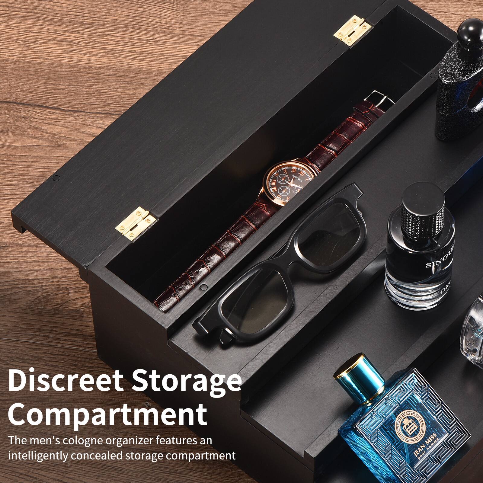Discreet Storage Compartment

The men's cologne organizer features an intelligently concealed storage compartment.