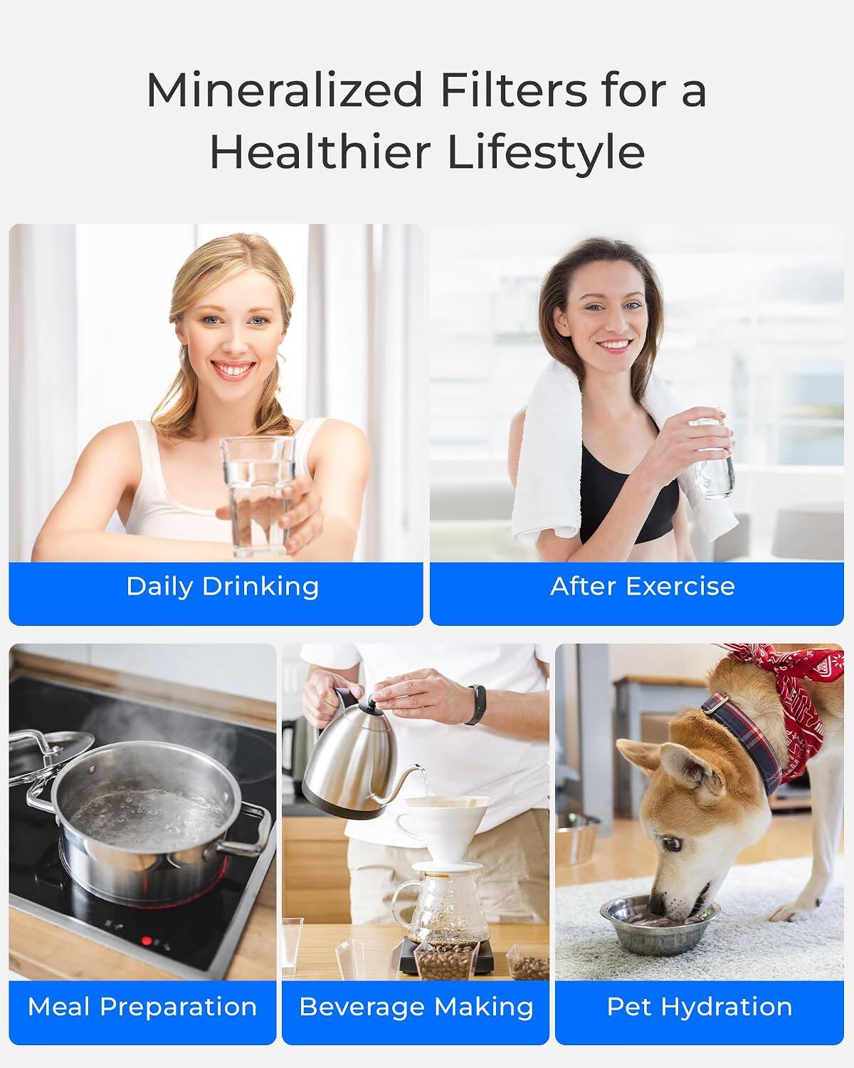 Mineralized Filters for a Healthier Lifestyle

- Daily Drinking
- After Exercise
- Meal Preparation
- Beverage Making
- Pet Hydration