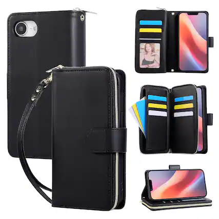 Front. Dteck - Crossbody Wallet Case for Apple iPhone 17e, Shockproof Zipper Pocket PU Leather Folio Cover with 9 Card Slots - Black.