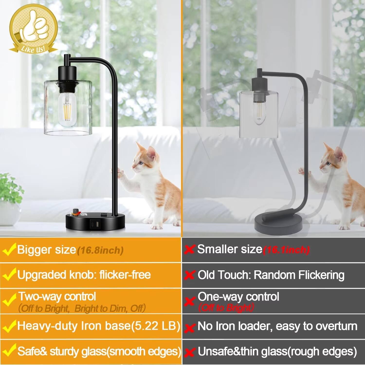Like us!  
- Bigger size (16.8 inch)  
- Upgraded knob: flicker-free  
- Two-way control (Off to Bright, Bright to Dim, Off)  
- Heavy-duty Iron base (5.22 LB)  
- Safe & sturdy glass (smooth edges)  

X Smaller size (16.1 inch)  
X Old Touch: Random Flickering  
X One-way control (Off to Bright)  
X No Iron loader, easy to overturn  
X Unsafe & thin glass (rough edges)