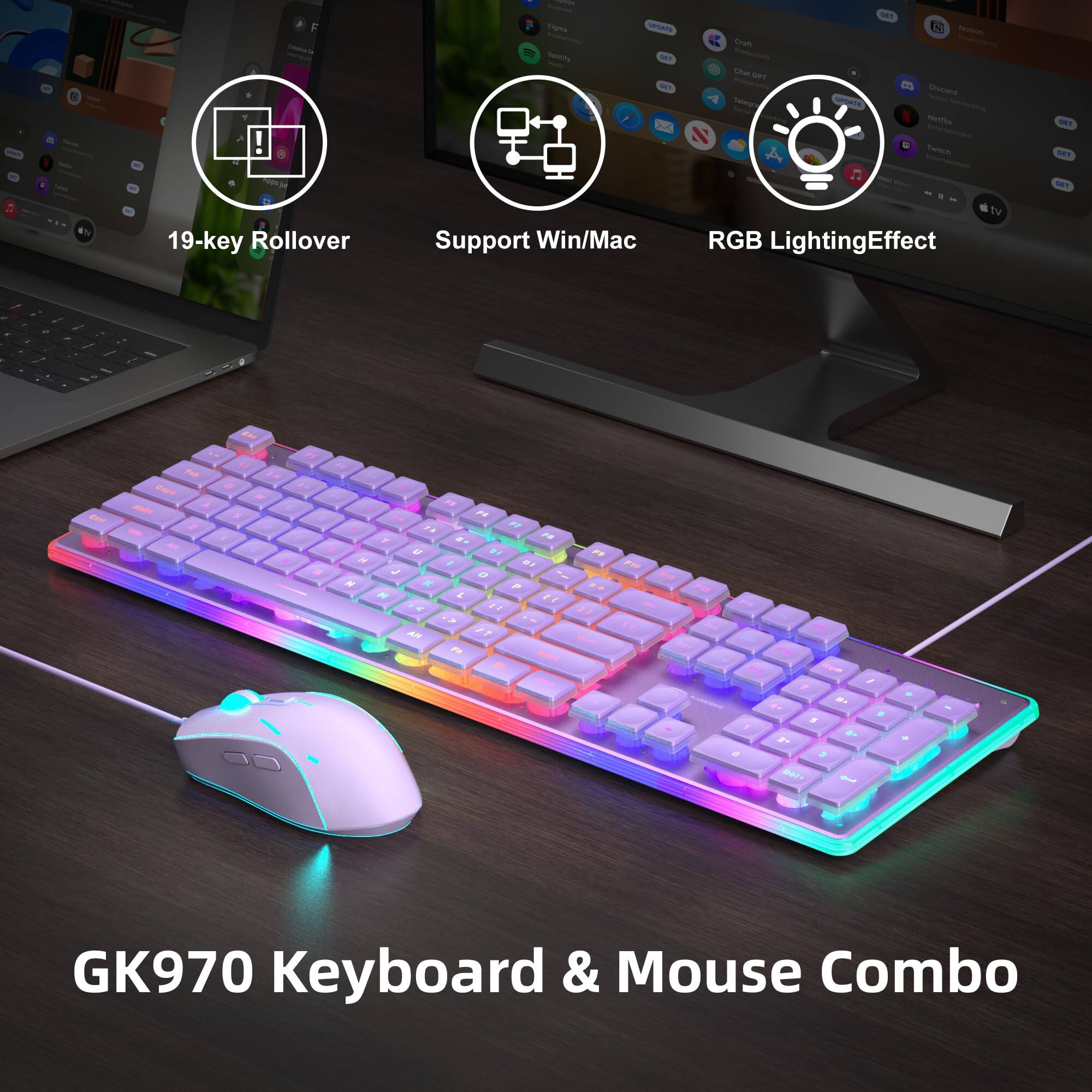 GK970 Keyboard & Mouse Combo

- 19-key Rollover
- Support Win/Mac
- RGB Lighting Effect