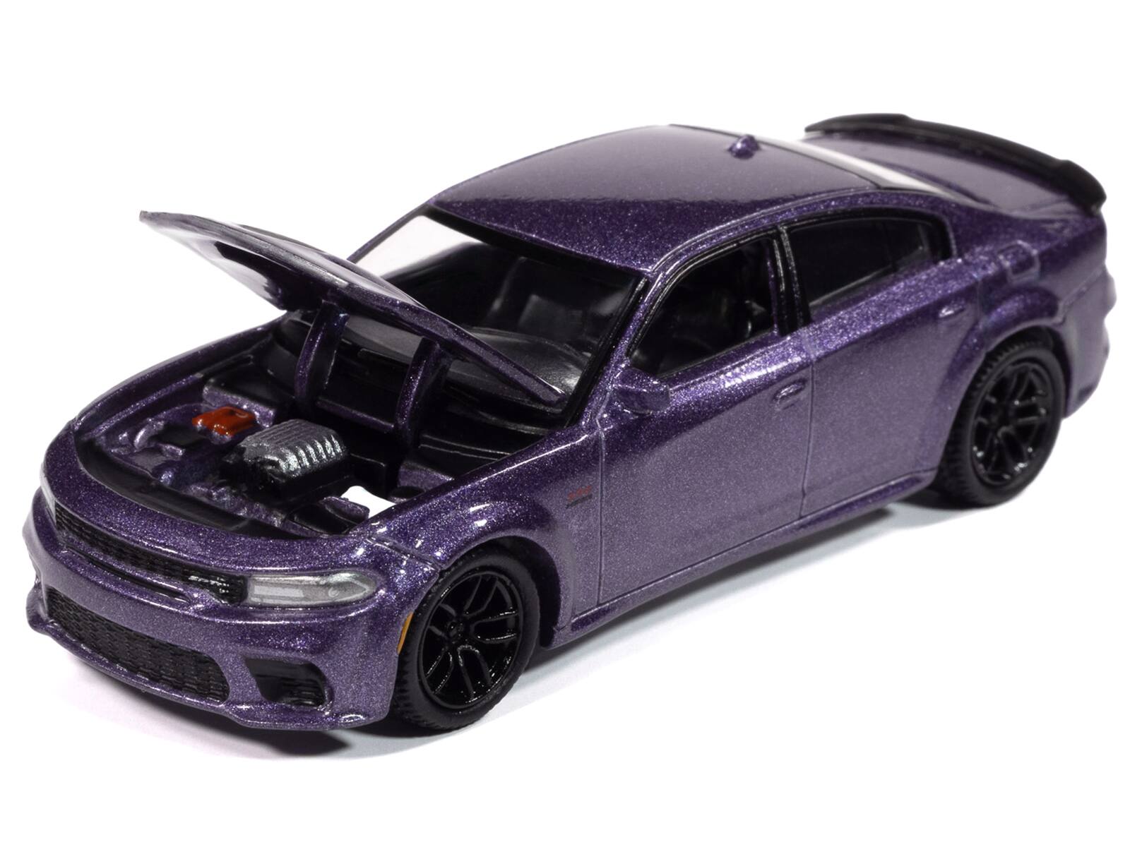 Angle. Autoworld - 2023 Dodge Charger R/T Scat Pack Plum Crazy Metallic "Modern Muscle" Series 1/64 Diecast Model Car by Auto World - Purple.