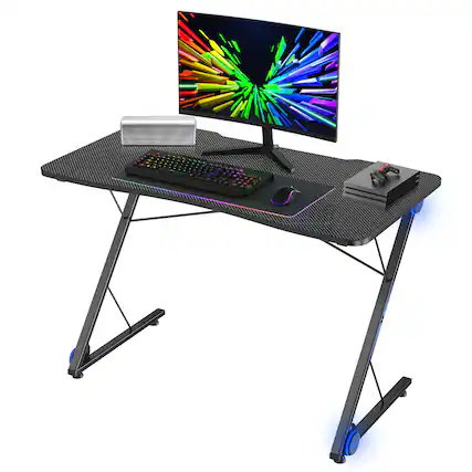 Front. Costway - Z-Shaped Gaming Desk with LED Lights - 43.5" Wide - Black.