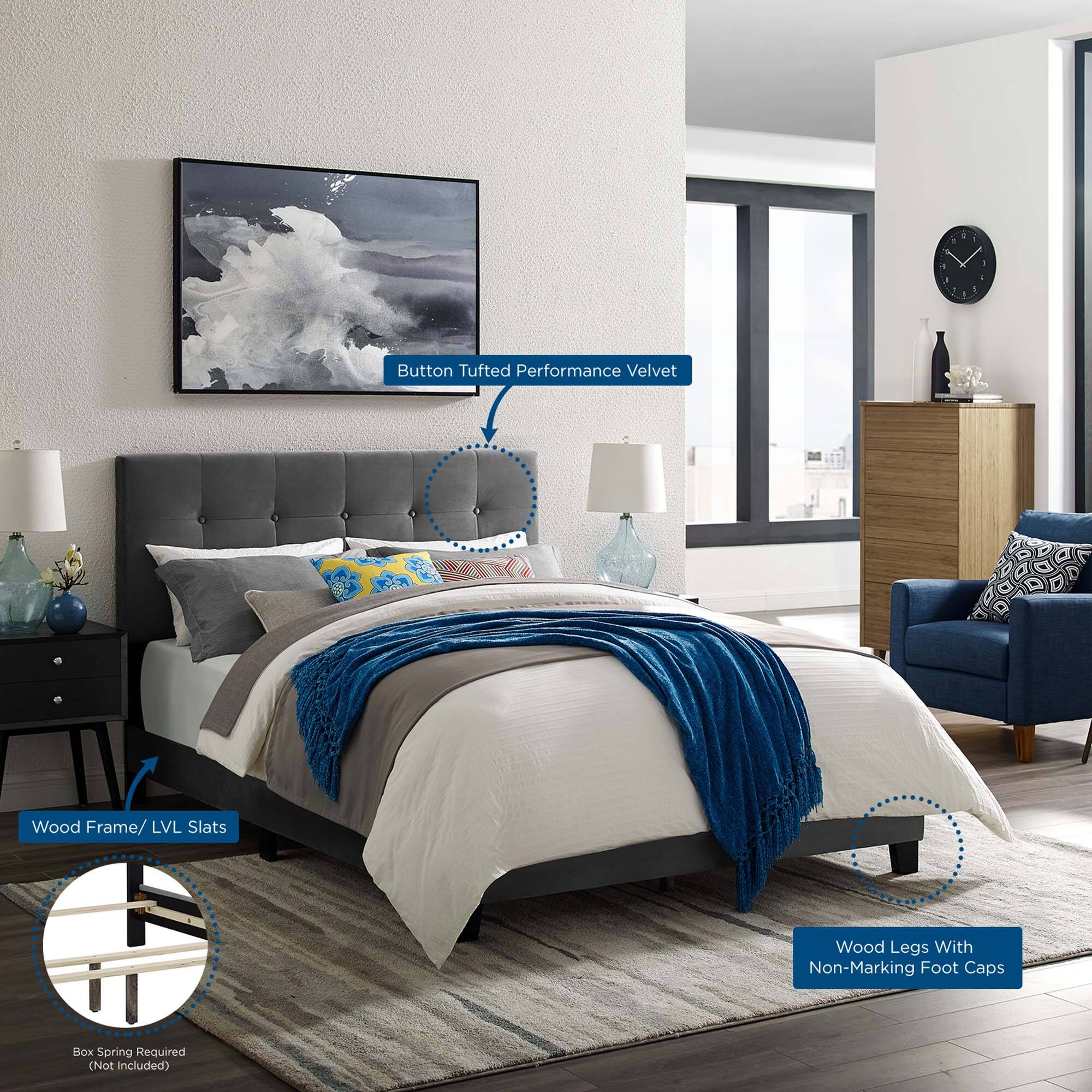 Button Tufted Performance Velvet  
Wood Frame / LVL Slats  
Wood Legs With Non-Marking Foot Caps  
Box Spring Required (Not Included)