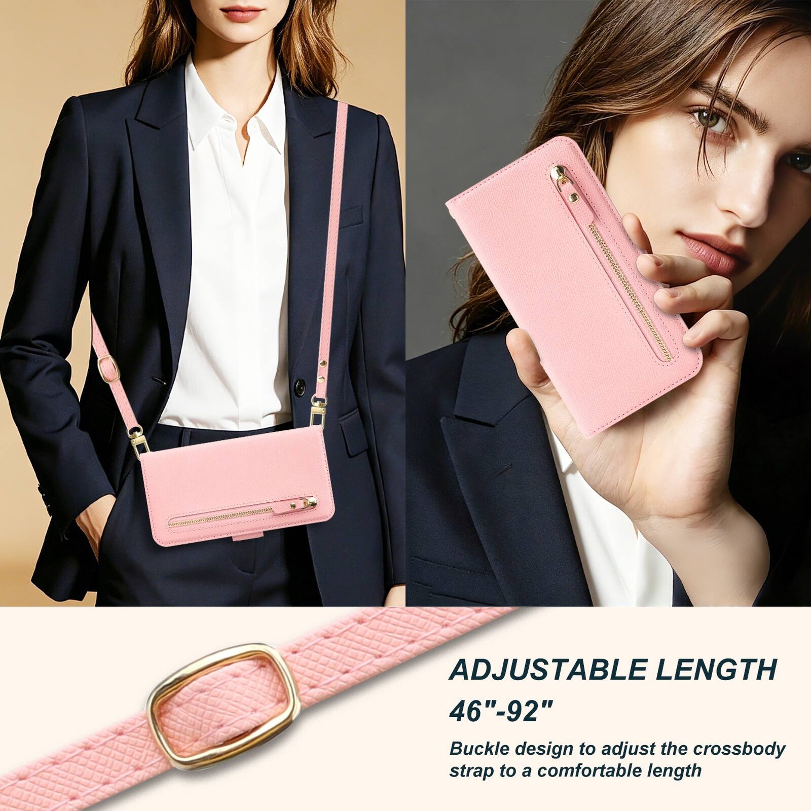 ADJUSTABLE LENGTH 46"-92"  
Buckle design to adjust the crossbody strap to a comfortable length