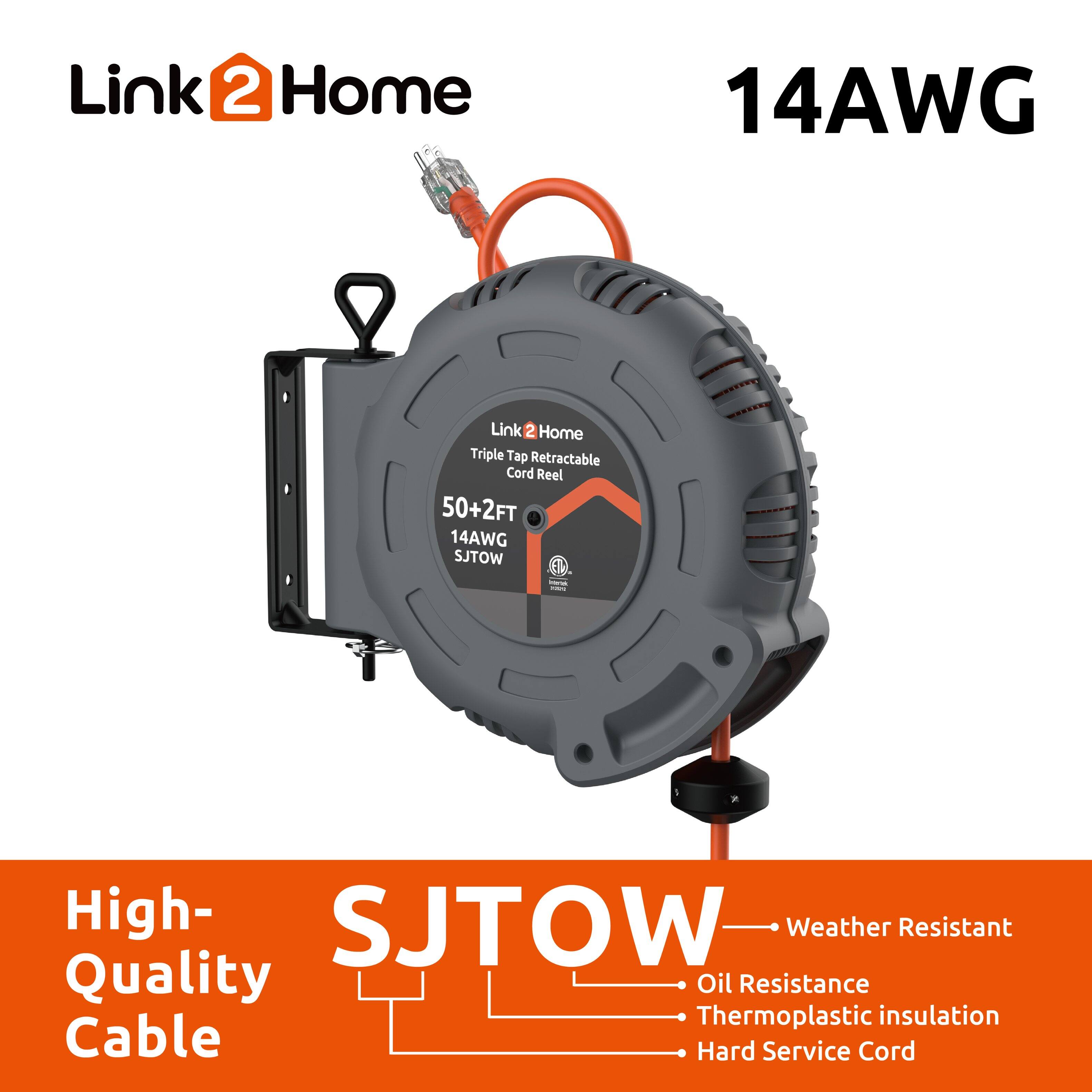 Link 2 Home Triple Tap Retractable Cord Reel 50+2FT 14AWG SJTOW High-Quality Cable

- Weather Resistant
- Oil Resistance
- Thermoplastic Insulation
- Hard Service Cord