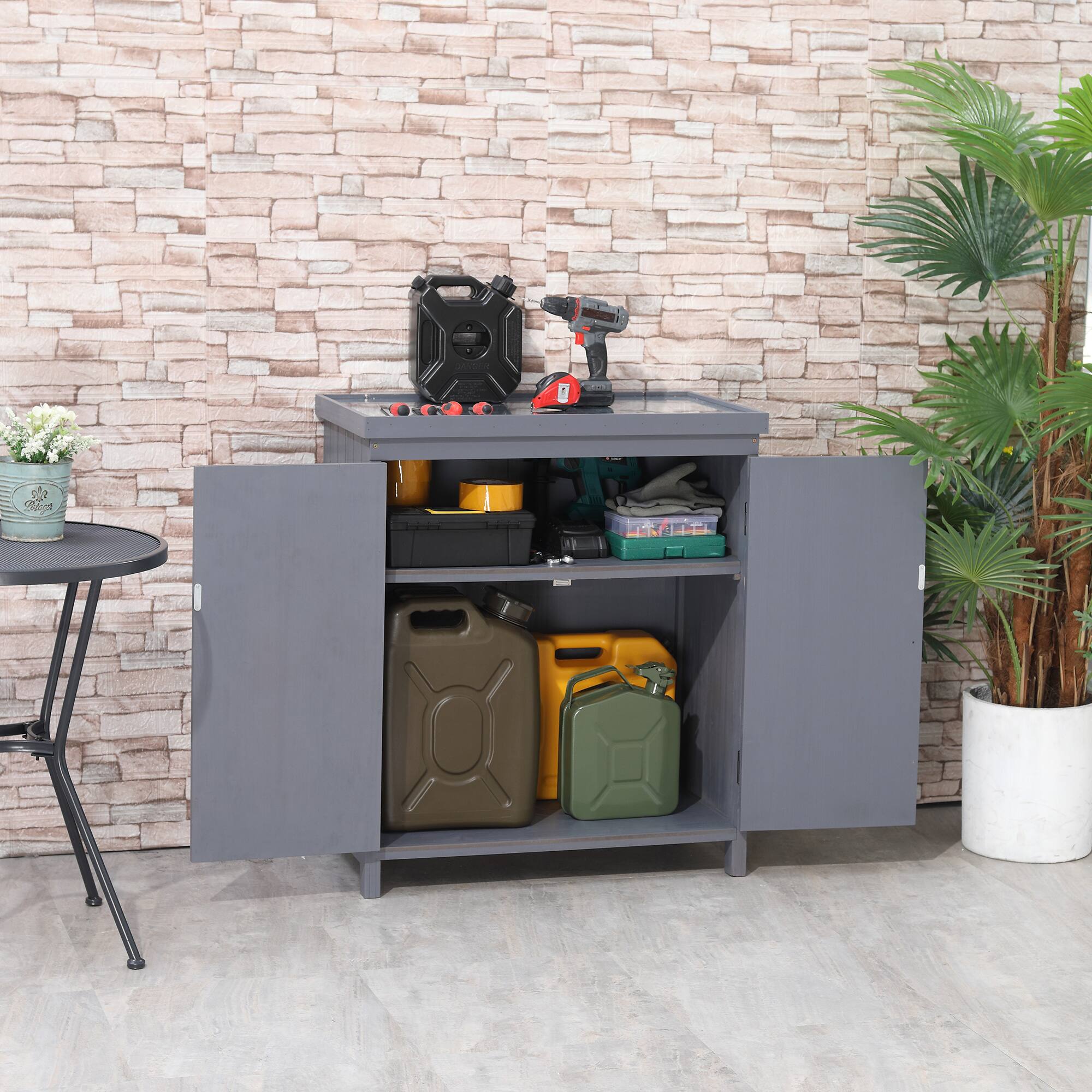 Alt View 1. Outsunny - Outdoor Storage Cabinet, Outdoor Tool Shed with Galvanized Top and Two Shelves for Yard Tools or Pool Accessories.