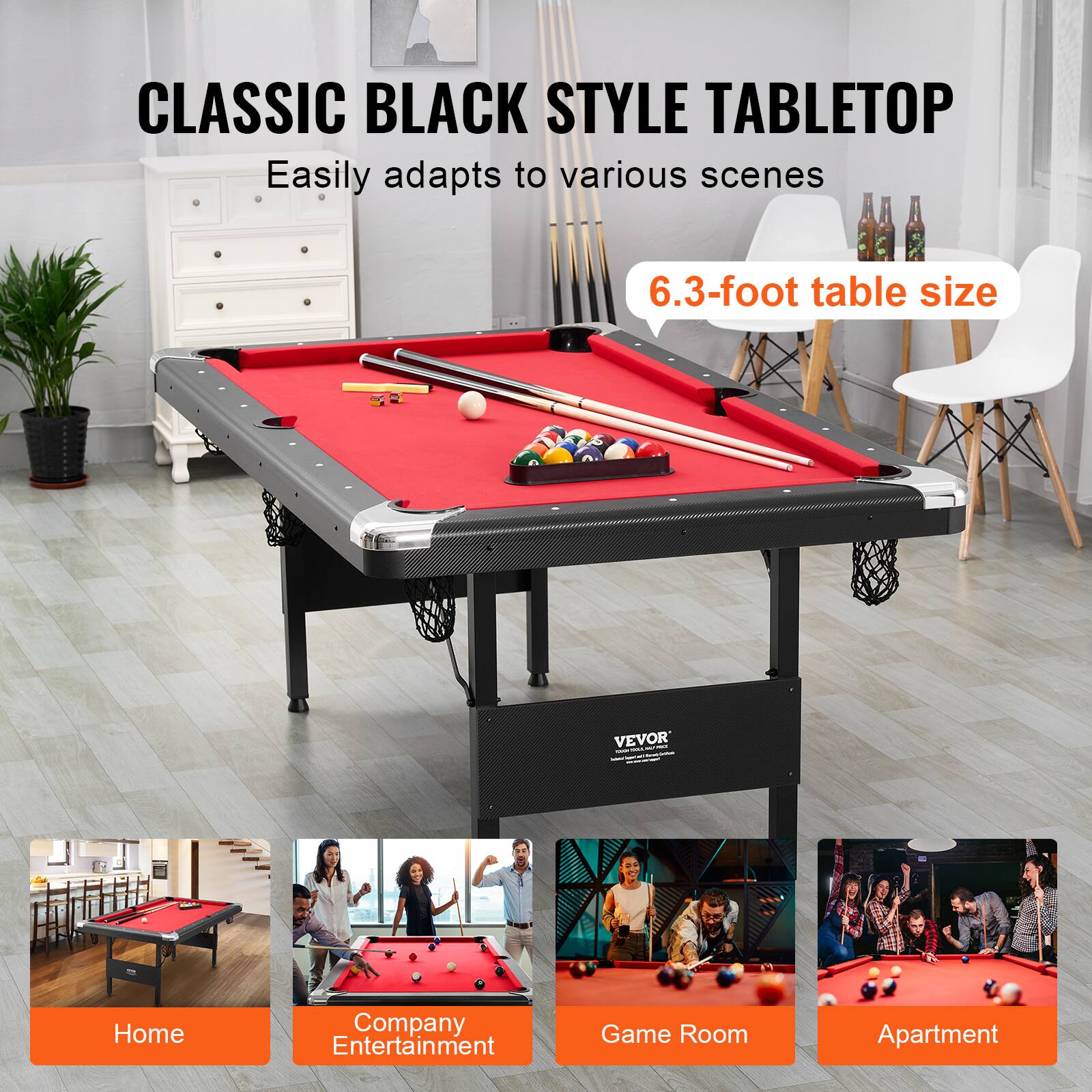 CLASSIC BLACK STYLE TABLETOP Easily adapts to various scenes 6.3-foot table size VEVOR Home Company Entertainment Game Room Apartment