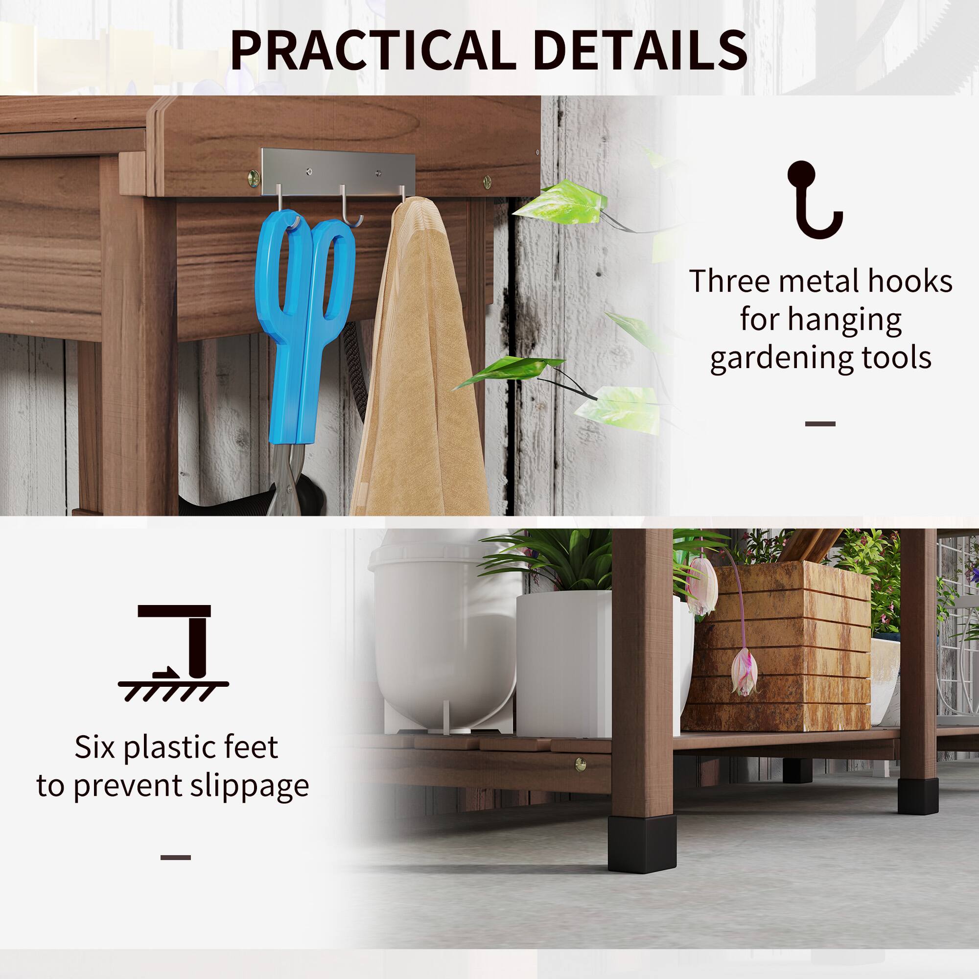 Three metal hooks for hanging gardening tools
Six plastic feet to prevent slippage