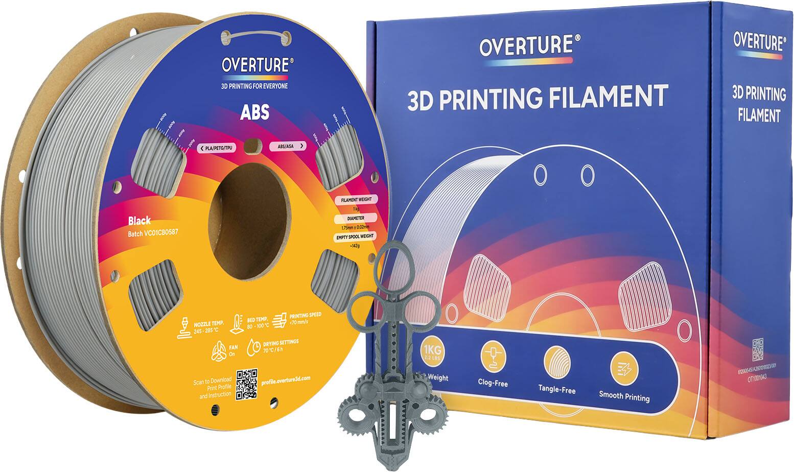 OVERTURE 3D PRINTING FOR EVERYONE  
ABS OVERTURE 3D PRINTING FILAMENT  
OVERTURE 3D PRINTING FILAMENT  
PLA/PETG/TPU ABS/ASA  

Black  
Batch VC01CB0587  

FILAMENT WEIGHT  
14g  

DIAMETER  
1.75mm ±0.02mm  

EMPTY SPOOL WEIGHT  
-342g  

PRINTING SPEED  
70 mm/s  

BED TEMP.  
80 - 100°C  

NOZZLE TEMP.  
245-285°C  

PRINTING SETTINGS  
FAN 70°C/6h On  

Scan to Download profile.overture3d.com Print Profile and Instruction  

1KG  
2.2 LBS Weight  

Clog-Free  
Tangle-Free  
Smooth Printing  

O0 120054SA50023  
OTYODIK3