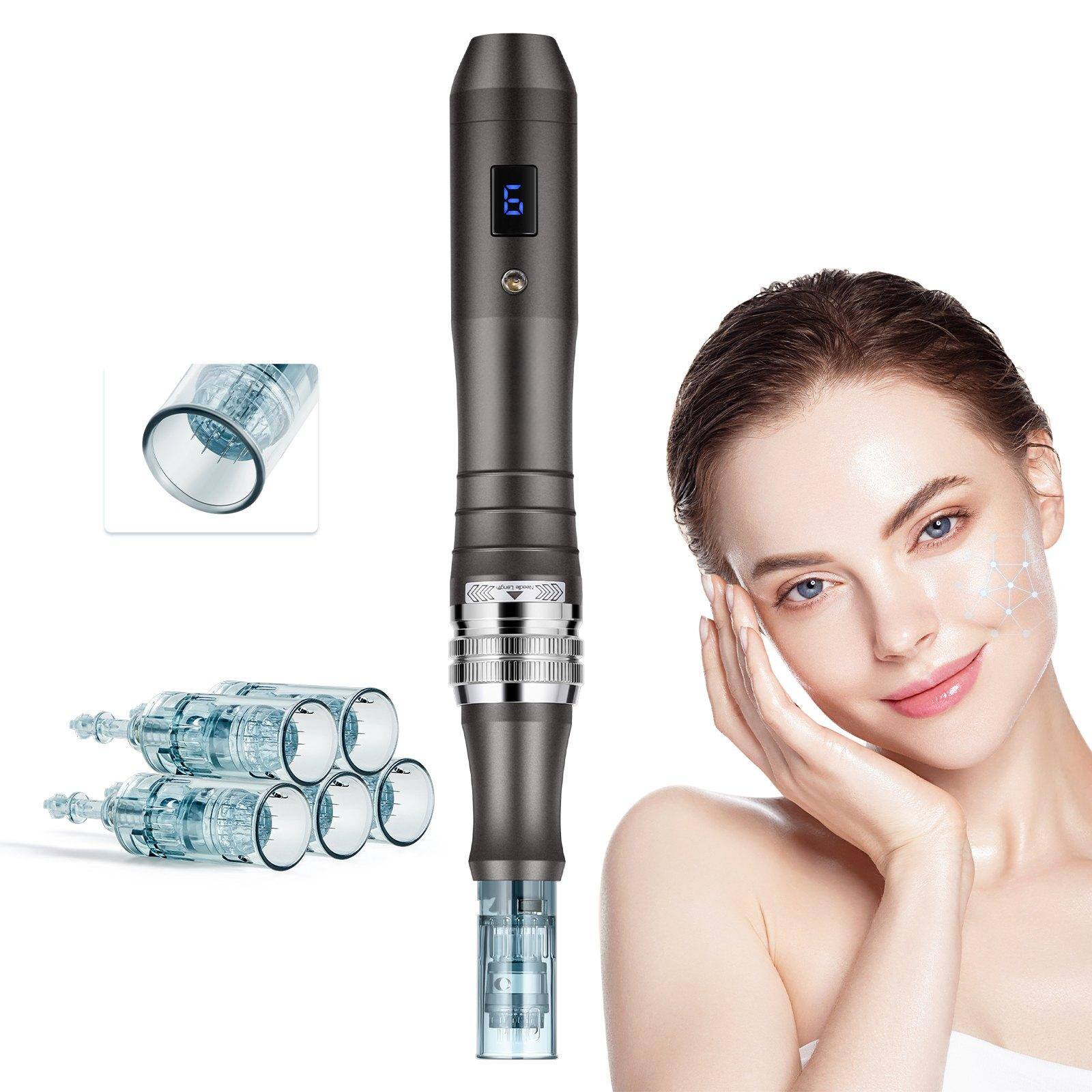 Front. Glintex - Professional Microneedling Pen, Electric Derma Pen w/ 5×16 Pin Cartridges, LCD, 6 Speeds, Adjustable 0–2.5mm Needle.