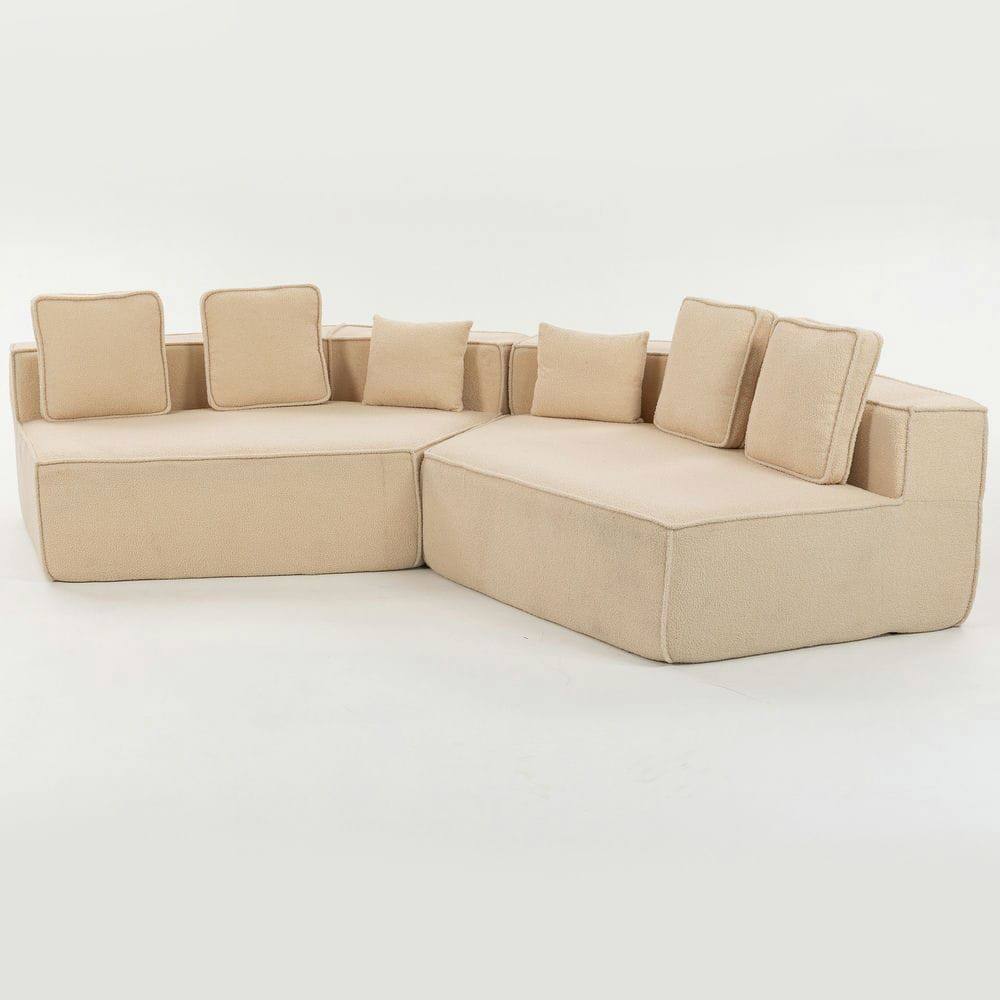 Alt View 2. Kadyn - 132" Oversized Teddy Modular Sofa - Full-Foam Couch with 6 Pillows, High-Density Support for Family Living Rooms - Beige.