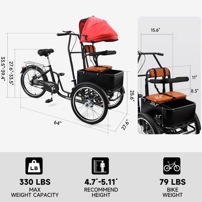 Topteng - 20 inch Adult Tricycle with Removable Sunshade - 3-Wheel Bicycle, 330lb Capacity, Front Seat and Wood Cargo Rack - Black