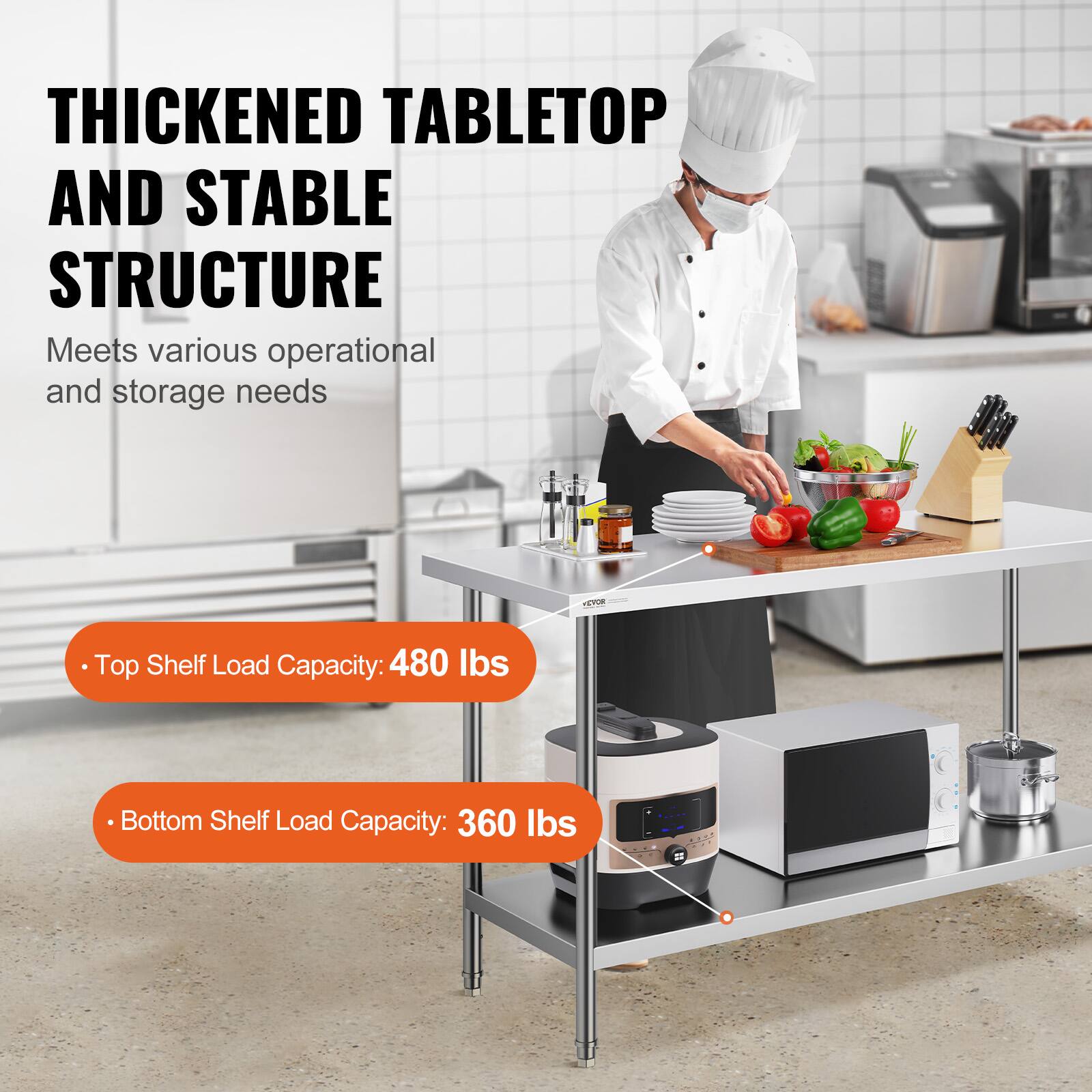 THICKENED TABLETOP AND STABLE STRUCTURE  
Meets various operational and storage needs  

- Top Shelf Load Capacity: 480 lbs  
- Bottom Shelf Load Capacity: 360 lbs