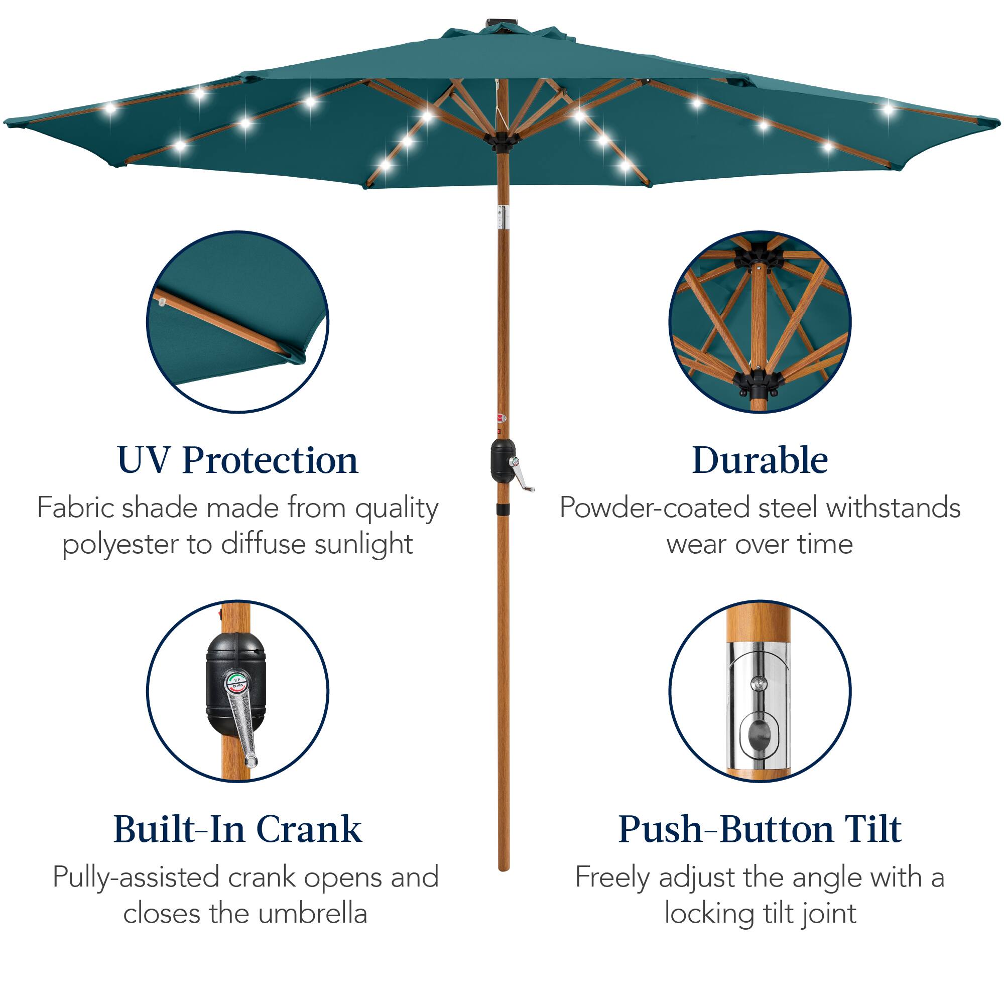 UV Protection: Fabric shade made from quality polyester to diffuse sunlight.

Durable: Powder-coated steel withstands wear over time.

Built-In Crank: Pulley-assisted crank opens and closes the umbrella.

Push-Button Tilt: Freely adjust the angle with a locking tilt joint.