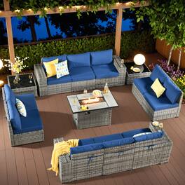 Ovios - 12 PCS Outdoor Patio Furniture Wicker Sectional Sofa with Coffee Table & 42" Fire Pit Table - Navy Blue