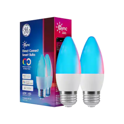 Gync
Direct Connect Smart Bulbs
Powered by Savant
Millions of Colors & White Tones
Works with:
- Alexa
- Google Home
- Matter
40W | 450 Lumens
2 BULBS LED (B11)
Medium Base
13.7 years per day
and decorative (450 Lumens)